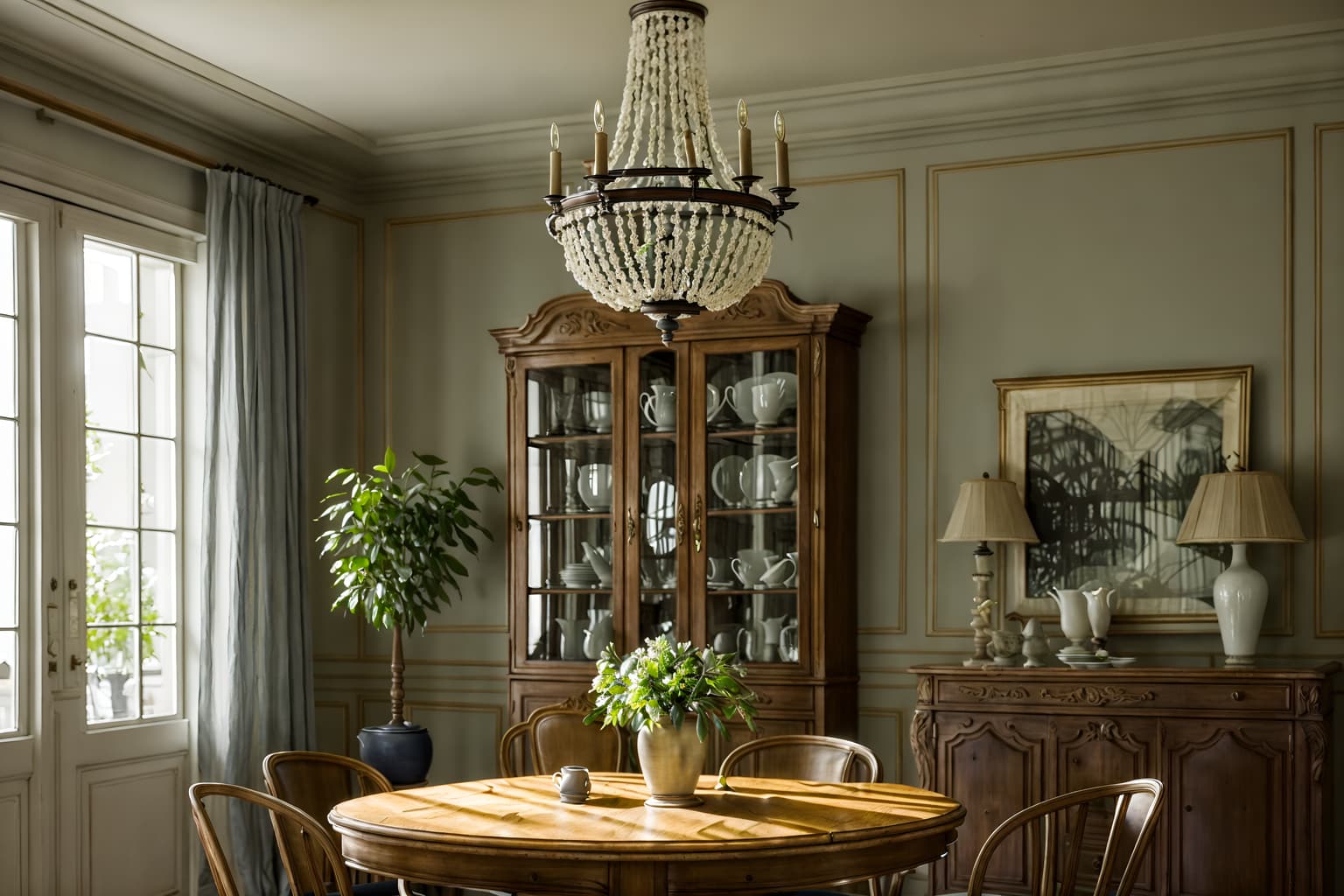 french-style (dining room interior) with dining table chairs and plant and table cloth and dining table and bookshelves and painting or photo on wall and vase and plates, cutlery and glasses on dining table. . . cinematic photo, highly detailed, cinematic lighting, ultra-detailed, ultrarealistic, photorealism, 8k. french interior design style. masterpiece, cinematic light, ultrarealistic+, photorealistic+, 8k, raw photo, realistic, sharp focus on eyes, (symmetrical eyes), (intact eyes), hyperrealistic, highest quality, best quality, , highly detailed, masterpiece, best quality, extremely detailed 8k wallpaper, masterpiece, best quality, ultra-detailed, best shadow, detailed background, detailed face, detailed eyes, high contrast, best illumination, detailed face, dulux, caustic, dynamic angle, detailed glow. dramatic lighting. highly detailed, insanely detailed hair, symmetrical, intricate details, professionally retouched, 8k high definition. strong bokeh. award winning photo.