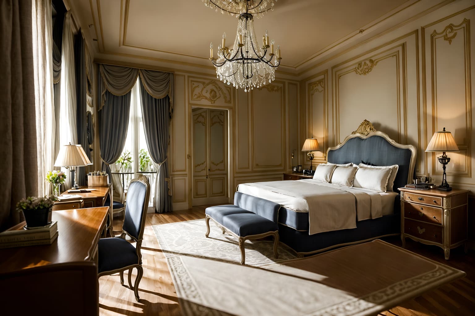 french-style (hotel room interior) with working desk with desk chair and headboard and hotel bathroom and storage bench or ottoman and mirror and night light and accent chair and bedside table or night stand. . . cinematic photo, highly detailed, cinematic lighting, ultra-detailed, ultrarealistic, photorealism, 8k. french interior design style. masterpiece, cinematic light, ultrarealistic+, photorealistic+, 8k, raw photo, realistic, sharp focus on eyes, (symmetrical eyes), (intact eyes), hyperrealistic, highest quality, best quality, , highly detailed, masterpiece, best quality, extremely detailed 8k wallpaper, masterpiece, best quality, ultra-detailed, best shadow, detailed background, detailed face, detailed eyes, high contrast, best illumination, detailed face, dulux, caustic, dynamic angle, detailed glow. dramatic lighting. highly detailed, insanely detailed hair, symmetrical, intricate details, professionally retouched, 8k high definition. strong bokeh. award winning photo.