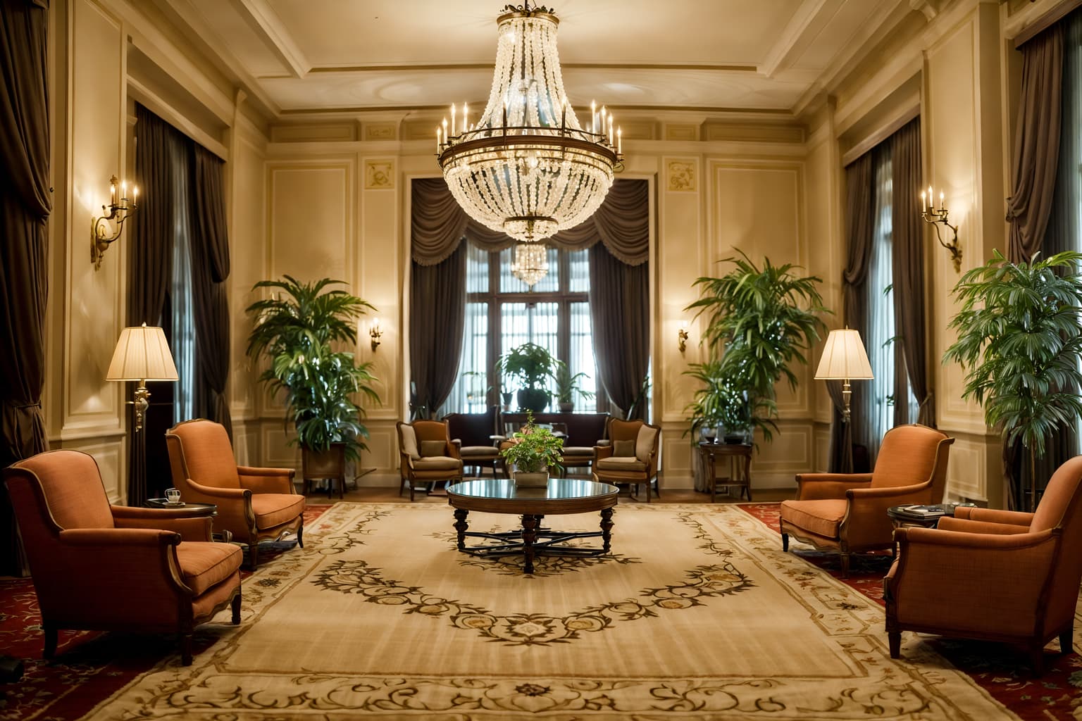 french-style (hotel lobby interior) with rug and hanging lamps and plant and furniture and sofas and lounge chairs and check in desk and coffee tables. . . cinematic photo, highly detailed, cinematic lighting, ultra-detailed, ultrarealistic, photorealism, 8k. french interior design style. masterpiece, cinematic light, ultrarealistic+, photorealistic+, 8k, raw photo, realistic, sharp focus on eyes, (symmetrical eyes), (intact eyes), hyperrealistic, highest quality, best quality, , highly detailed, masterpiece, best quality, extremely detailed 8k wallpaper, masterpiece, best quality, ultra-detailed, best shadow, detailed background, detailed face, detailed eyes, high contrast, best illumination, detailed face, dulux, caustic, dynamic angle, detailed glow. dramatic lighting. highly detailed, insanely detailed hair, symmetrical, intricate details, professionally retouched, 8k high definition. strong bokeh. award winning photo.