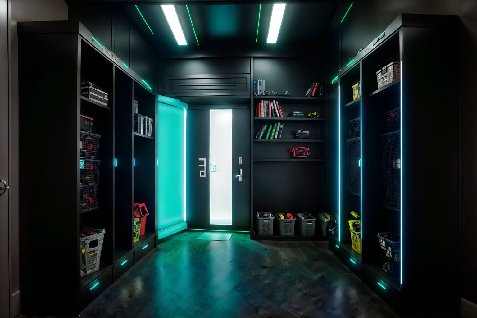 cyberpunk-style (mudroom interior) with storage baskets and cubbies and wall hooks for coats and cabinets and storage drawers and shelves for shoes and a bench and high up storage. . with cyberpunk lights and color lights glow and strong geometric walls and black lights and cyberpunk style and cyberpunk lights and bladerunner style and surrealist paintings. . cinematic photo, highly detailed, cinematic lighting, ultra-detailed, ultrarealistic, photorealism, 8k. cyberpunk interior design style. masterpiece, cinematic light, ultrarealistic+, photorealistic+, 8k, raw photo, realistic, sharp focus on eyes, (symmetrical eyes), (intact eyes), hyperrealistic, highest quality, best quality, , highly detailed, masterpiece, best quality, extremely detailed 8k wallpaper, masterpiece, best quality, ultra-detailed, best shadow, detailed background, detailed face, detailed eyes, high contrast, best illumination, detailed face, dulux, caustic, dynamic angle, detailed glow. dramatic lighting. highly detailed, insanely detailed hair, symmetrical, intricate details, professionally retouched, 8k high definition. strong bokeh. award winning photo.