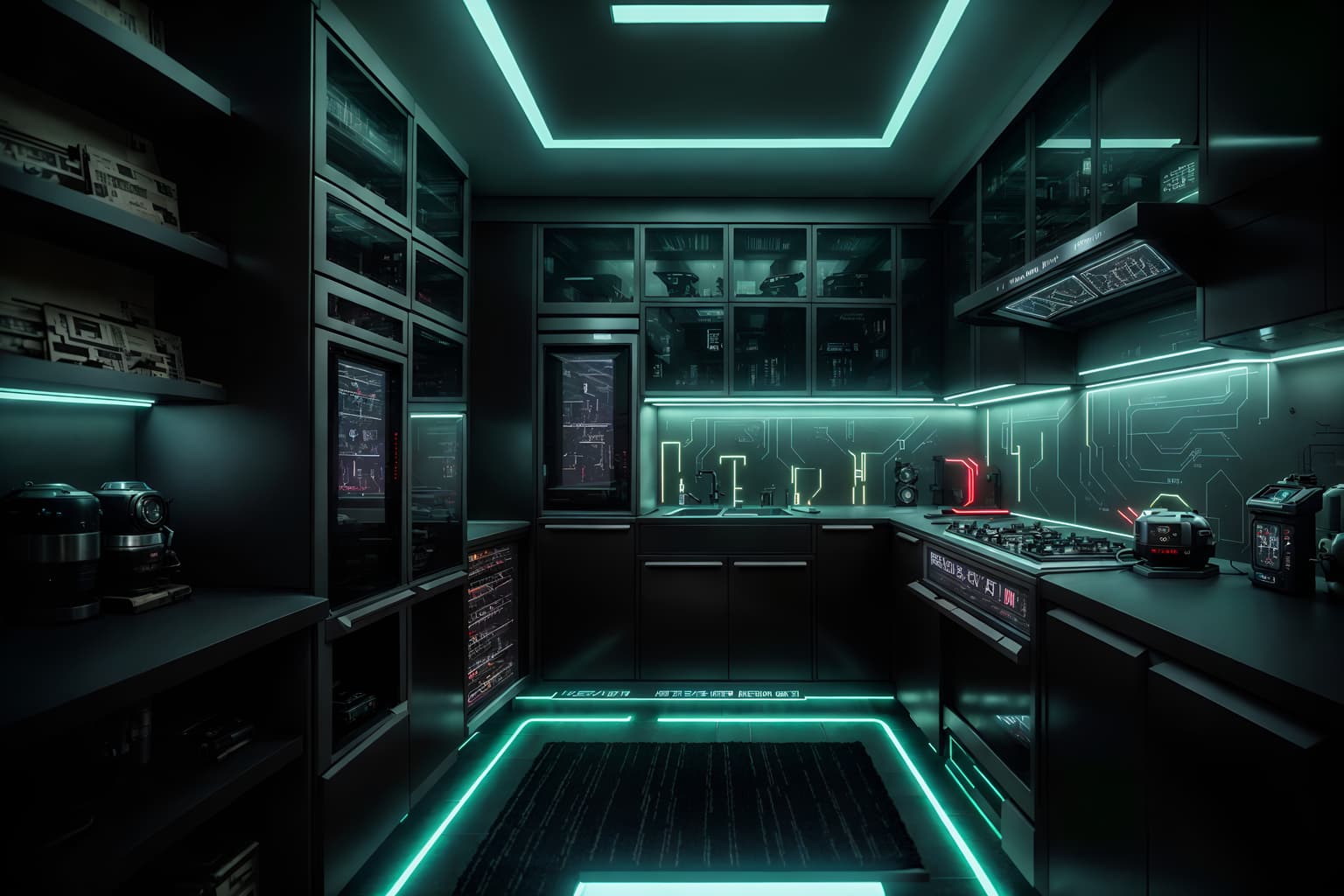 cyberpunk-style (kitchen living combo interior) with bookshelves and worktops and sink and plant and refrigerator and kitchen cabinets and rug and furniture. . with military uniforms and gear and minimalist and strong geometric walls and led lights and black lights and futuristic cybernetic city and bladerunner lights and cyberpunk style. . cinematic photo, highly detailed, cinematic lighting, ultra-detailed, ultrarealistic, photorealism, 8k. cyberpunk interior design style. masterpiece, cinematic light, ultrarealistic+, photorealistic+, 8k, raw photo, realistic, sharp focus on eyes, (symmetrical eyes), (intact eyes), hyperrealistic, highest quality, best quality, , highly detailed, masterpiece, best quality, extremely detailed 8k wallpaper, masterpiece, best quality, ultra-detailed, best shadow, detailed background, detailed face, detailed eyes, high contrast, best illumination, detailed face, dulux, caustic, dynamic angle, detailed glow. dramatic lighting. highly detailed, insanely detailed hair, symmetrical, intricate details, professionally retouched, 8k high definition. strong bokeh. award winning photo.
