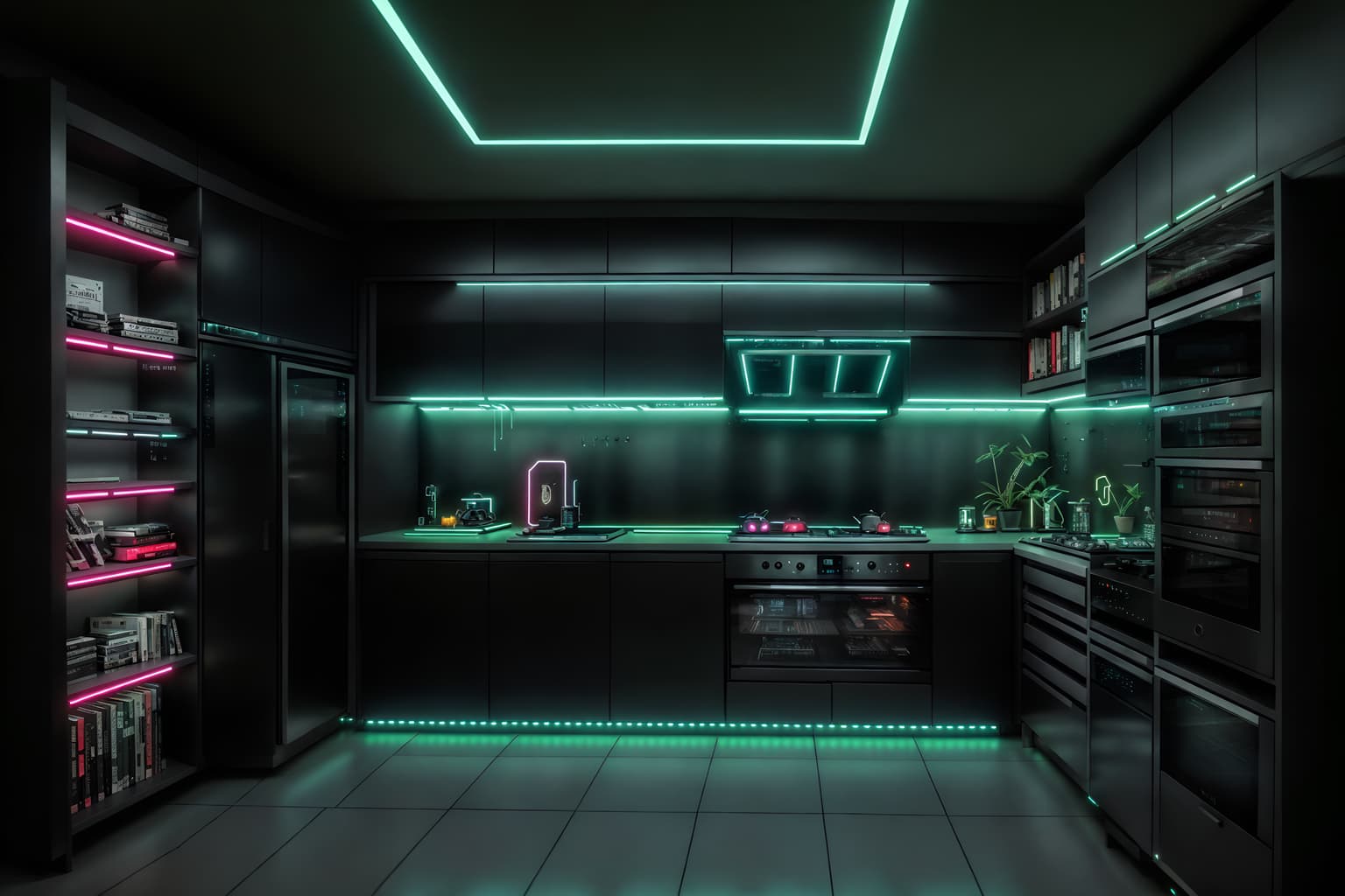 cyberpunk-style (kitchen living combo interior) with bookshelves and worktops and sink and plant and refrigerator and kitchen cabinets and rug and furniture. . with military uniforms and gear and minimalist and strong geometric walls and led lights and black lights and futuristic cybernetic city and bladerunner lights and cyberpunk style. . cinematic photo, highly detailed, cinematic lighting, ultra-detailed, ultrarealistic, photorealism, 8k. cyberpunk interior design style. masterpiece, cinematic light, ultrarealistic+, photorealistic+, 8k, raw photo, realistic, sharp focus on eyes, (symmetrical eyes), (intact eyes), hyperrealistic, highest quality, best quality, , highly detailed, masterpiece, best quality, extremely detailed 8k wallpaper, masterpiece, best quality, ultra-detailed, best shadow, detailed background, detailed face, detailed eyes, high contrast, best illumination, detailed face, dulux, caustic, dynamic angle, detailed glow. dramatic lighting. highly detailed, insanely detailed hair, symmetrical, intricate details, professionally retouched, 8k high definition. strong bokeh. award winning photo.