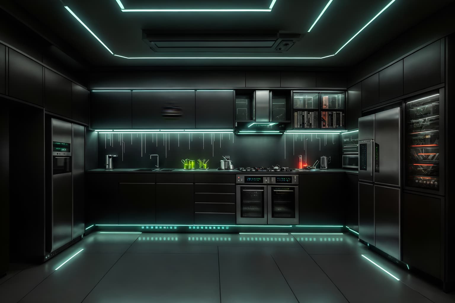 cyberpunk-style (kitchen living combo interior) with bookshelves and worktops and sink and plant and refrigerator and kitchen cabinets and rug and furniture. . with military uniforms and gear and minimalist and strong geometric walls and led lights and black lights and futuristic cybernetic city and bladerunner lights and cyberpunk style. . cinematic photo, highly detailed, cinematic lighting, ultra-detailed, ultrarealistic, photorealism, 8k. cyberpunk interior design style. masterpiece, cinematic light, ultrarealistic+, photorealistic+, 8k, raw photo, realistic, sharp focus on eyes, (symmetrical eyes), (intact eyes), hyperrealistic, highest quality, best quality, , highly detailed, masterpiece, best quality, extremely detailed 8k wallpaper, masterpiece, best quality, ultra-detailed, best shadow, detailed background, detailed face, detailed eyes, high contrast, best illumination, detailed face, dulux, caustic, dynamic angle, detailed glow. dramatic lighting. highly detailed, insanely detailed hair, symmetrical, intricate details, professionally retouched, 8k high definition. strong bokeh. award winning photo.