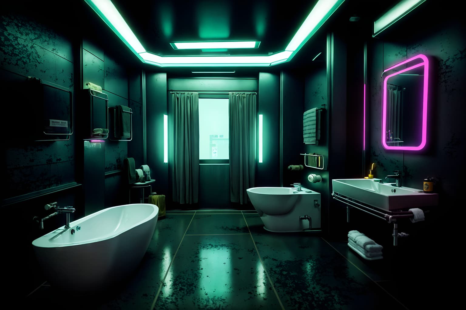 cyberpunk-style (hotel bathroom interior) with toilet seat and bath rail and mirror and waste basket and bathroom sink with faucet and shower and bathtub and plant. . with military uniforms and gear and synthetic objects and cyberpunk lights and strong geometric walls and surrealist paintings and cyberpunk lights and black lights and synthwave. . cinematic photo, highly detailed, cinematic lighting, ultra-detailed, ultrarealistic, photorealism, 8k. cyberpunk interior design style. masterpiece, cinematic light, ultrarealistic+, photorealistic+, 8k, raw photo, realistic, sharp focus on eyes, (symmetrical eyes), (intact eyes), hyperrealistic, highest quality, best quality, , highly detailed, masterpiece, best quality, extremely detailed 8k wallpaper, masterpiece, best quality, ultra-detailed, best shadow, detailed background, detailed face, detailed eyes, high contrast, best illumination, detailed face, dulux, caustic, dynamic angle, detailed glow. dramatic lighting. highly detailed, insanely detailed hair, symmetrical, intricate details, professionally retouched, 8k high definition. strong bokeh. award winning photo.