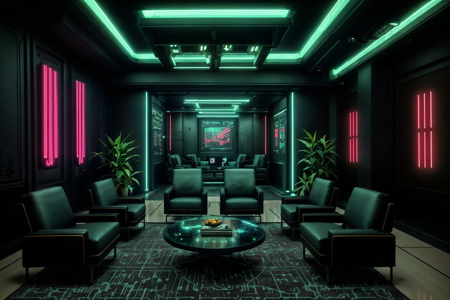 cyberpunk-style (hotel lobby interior) with lounge chairs and sofas and coffee tables and hanging lamps and furniture and plant and rug and check in desk. . with military uniforms and gear and cyberpunk lights and bladerunner style and surrealist paintings and dark night and futuristic cybernetic details and synthetic objects and cyberpunk lights. . cinematic photo, highly detailed, cinematic lighting, ultra-detailed, ultrarealistic, photorealism, 8k. cyberpunk interior design style. masterpiece, cinematic light, ultrarealistic+, photorealistic+, 8k, raw photo, realistic, sharp focus on eyes, (symmetrical eyes), (intact eyes), hyperrealistic, highest quality, best quality, , highly detailed, masterpiece, best quality, extremely detailed 8k wallpaper, masterpiece, best quality, ultra-detailed, best shadow, detailed background, detailed face, detailed eyes, high contrast, best illumination, detailed face, dulux, caustic, dynamic angle, detailed glow. dramatic lighting. highly detailed, insanely detailed hair, symmetrical, intricate details, professionally retouched, 8k high definition. strong bokeh. award winning photo.