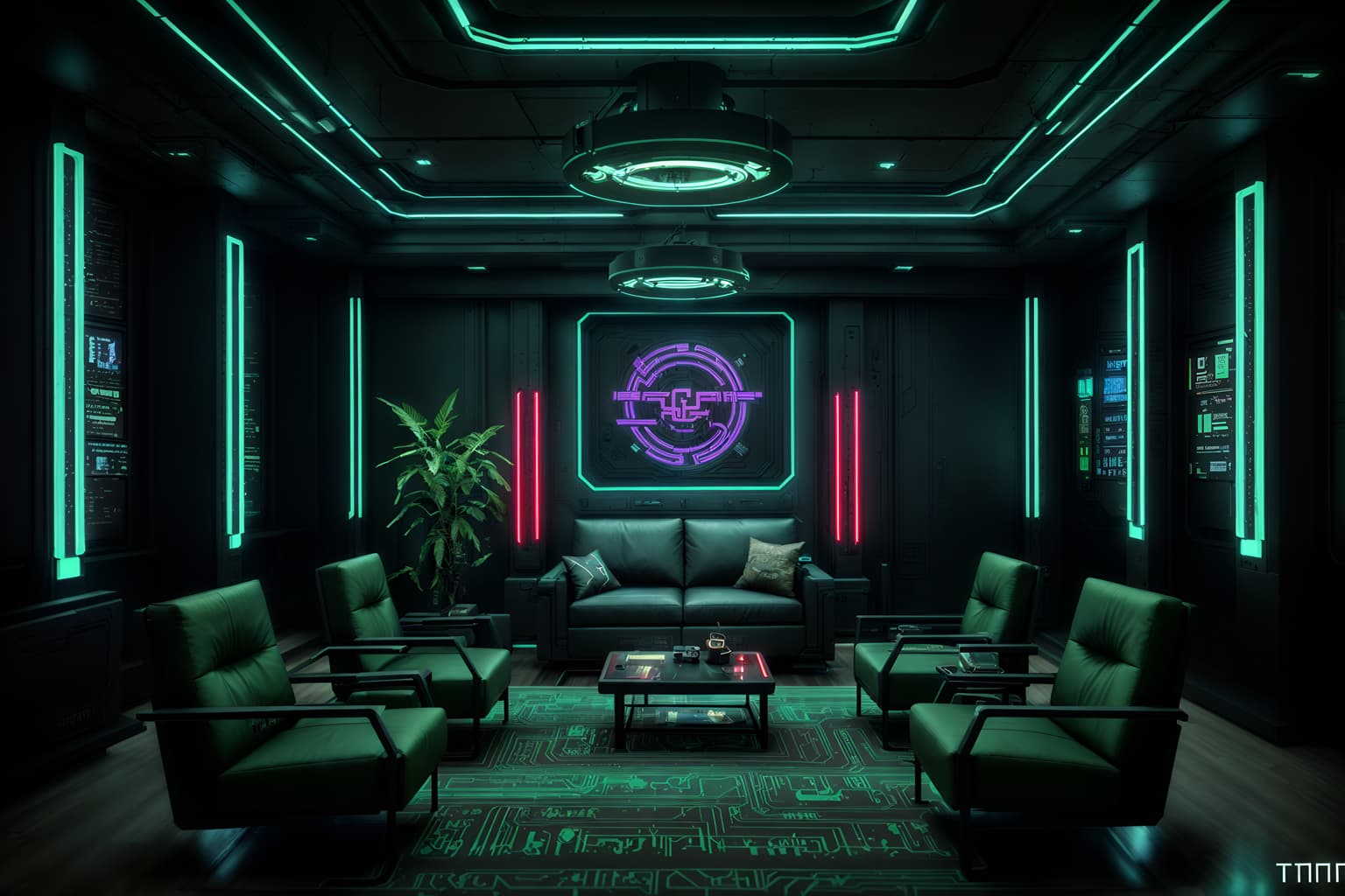 cyberpunk-style (hotel lobby interior) with lounge chairs and sofas and coffee tables and hanging lamps and furniture and plant and rug and check in desk. . with military uniforms and gear and cyberpunk lights and bladerunner style and surrealist paintings and dark night and futuristic cybernetic details and synthetic objects and cyberpunk lights. . cinematic photo, highly detailed, cinematic lighting, ultra-detailed, ultrarealistic, photorealism, 8k. cyberpunk interior design style. masterpiece, cinematic light, ultrarealistic+, photorealistic+, 8k, raw photo, realistic, sharp focus on eyes, (symmetrical eyes), (intact eyes), hyperrealistic, highest quality, best quality, , highly detailed, masterpiece, best quality, extremely detailed 8k wallpaper, masterpiece, best quality, ultra-detailed, best shadow, detailed background, detailed face, detailed eyes, high contrast, best illumination, detailed face, dulux, caustic, dynamic angle, detailed glow. dramatic lighting. highly detailed, insanely detailed hair, symmetrical, intricate details, professionally retouched, 8k high definition. strong bokeh. award winning photo.