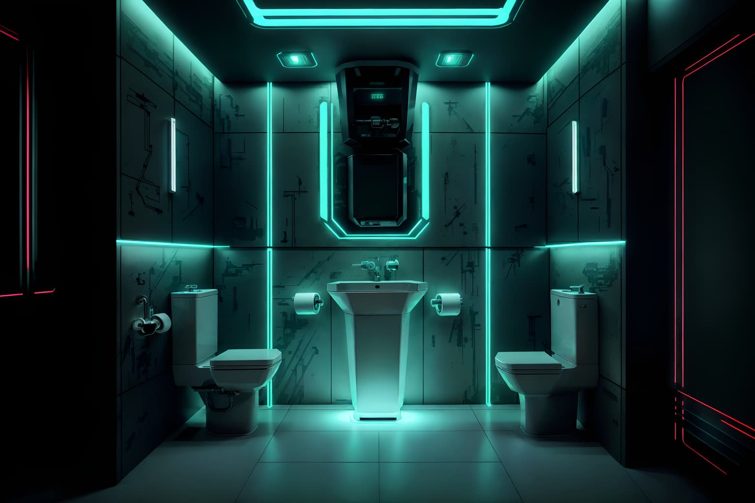 cyberpunk-style (toilet interior) with sink with tap and toilet paper hanger and toilet with toilet seat up and sink with tap. . with military uniforms and gear and clean straight square lines and strong geometric walls and futuristic cybernetic details and synthetic objects and color lights glow and futuristic cybernetic city and led lights. . cinematic photo, highly detailed, cinematic lighting, ultra-detailed, ultrarealistic, photorealism, 8k. cyberpunk interior design style. masterpiece, cinematic light, ultrarealistic+, photorealistic+, 8k, raw photo, realistic, sharp focus on eyes, (symmetrical eyes), (intact eyes), hyperrealistic, highest quality, best quality, , highly detailed, masterpiece, best quality, extremely detailed 8k wallpaper, masterpiece, best quality, ultra-detailed, best shadow, detailed background, detailed face, detailed eyes, high contrast, best illumination, detailed face, dulux, caustic, dynamic angle, detailed glow. dramatic lighting. highly detailed, insanely detailed hair, symmetrical, intricate details, professionally retouched, 8k high definition. strong bokeh. award winning photo.