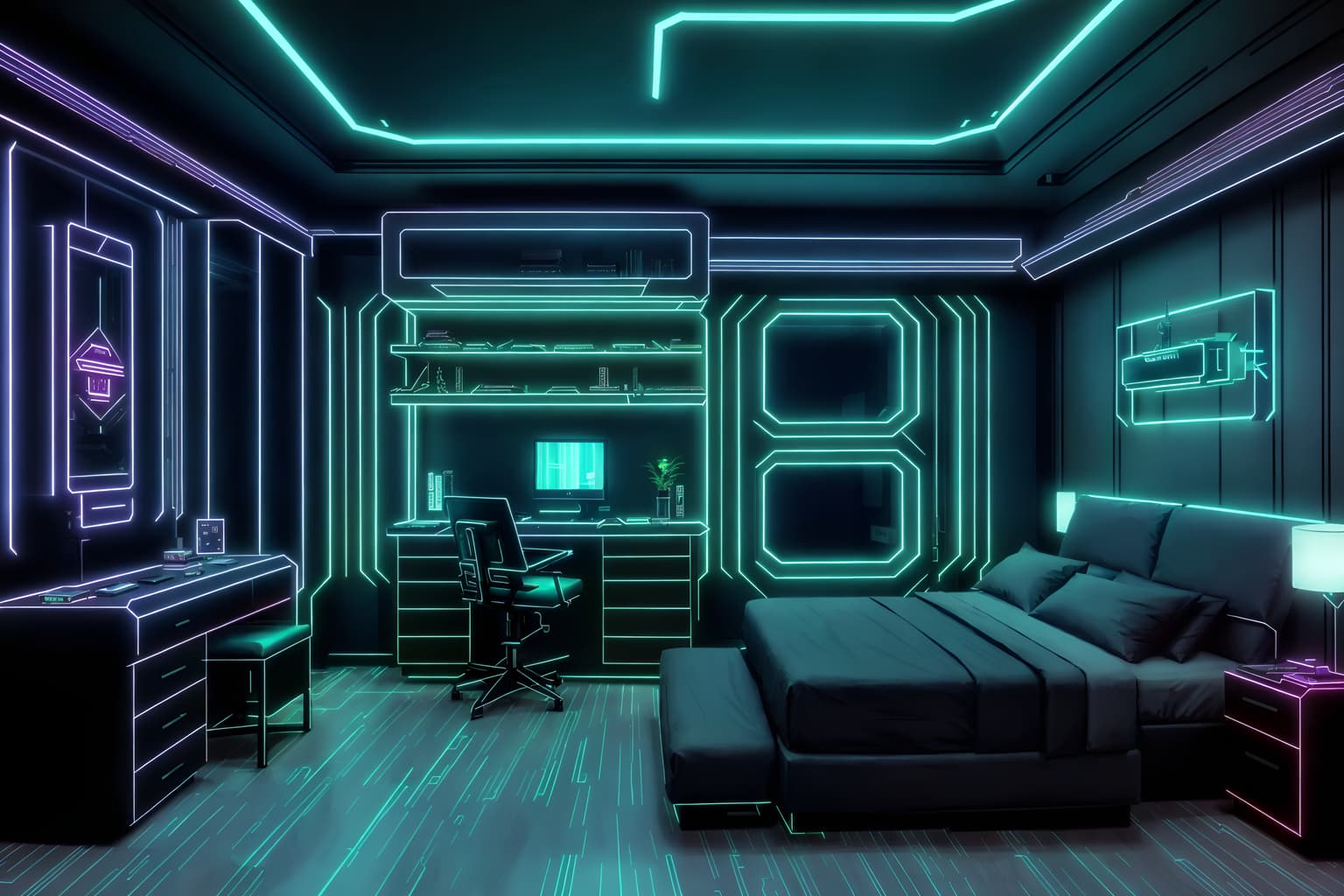 cyberpunk-style (hotel room interior) with mirror and dresser closet and headboard and plant and accent chair and bedside table or night stand and storage bench or ottoman and working desk with desk chair. . with futuristic cybernetic details and synthetic objects and strong geometric walls and clean straight square lines and cyberpunk style and cyberpunk lights and futuristic cybernetic city and bladerunner lights. . cinematic photo, highly detailed, cinematic lighting, ultra-detailed, ultrarealistic, photorealism, 8k. cyberpunk interior design style. masterpiece, cinematic light, ultrarealistic+, photorealistic+, 8k, raw photo, realistic, sharp focus on eyes, (symmetrical eyes), (intact eyes), hyperrealistic, highest quality, best quality, , highly detailed, masterpiece, best quality, extremely detailed 8k wallpaper, masterpiece, best quality, ultra-detailed, best shadow, detailed background, detailed face, detailed eyes, high contrast, best illumination, detailed face, dulux, caustic, dynamic angle, detailed glow. dramatic lighting. highly detailed, insanely detailed hair, symmetrical, intricate details, professionally retouched, 8k high definition. strong bokeh. award winning photo.
