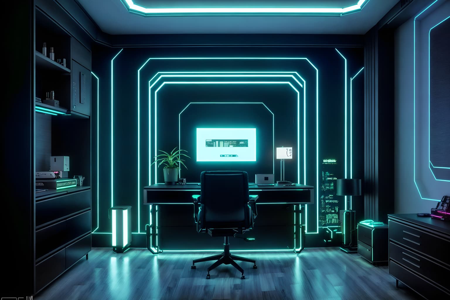 cyberpunk-style (hotel room interior) with mirror and dresser closet and headboard and plant and accent chair and bedside table or night stand and storage bench or ottoman and working desk with desk chair. . with futuristic cybernetic details and synthetic objects and strong geometric walls and clean straight square lines and cyberpunk style and cyberpunk lights and futuristic cybernetic city and bladerunner lights. . cinematic photo, highly detailed, cinematic lighting, ultra-detailed, ultrarealistic, photorealism, 8k. cyberpunk interior design style. masterpiece, cinematic light, ultrarealistic+, photorealistic+, 8k, raw photo, realistic, sharp focus on eyes, (symmetrical eyes), (intact eyes), hyperrealistic, highest quality, best quality, , highly detailed, masterpiece, best quality, extremely detailed 8k wallpaper, masterpiece, best quality, ultra-detailed, best shadow, detailed background, detailed face, detailed eyes, high contrast, best illumination, detailed face, dulux, caustic, dynamic angle, detailed glow. dramatic lighting. highly detailed, insanely detailed hair, symmetrical, intricate details, professionally retouched, 8k high definition. strong bokeh. award winning photo.