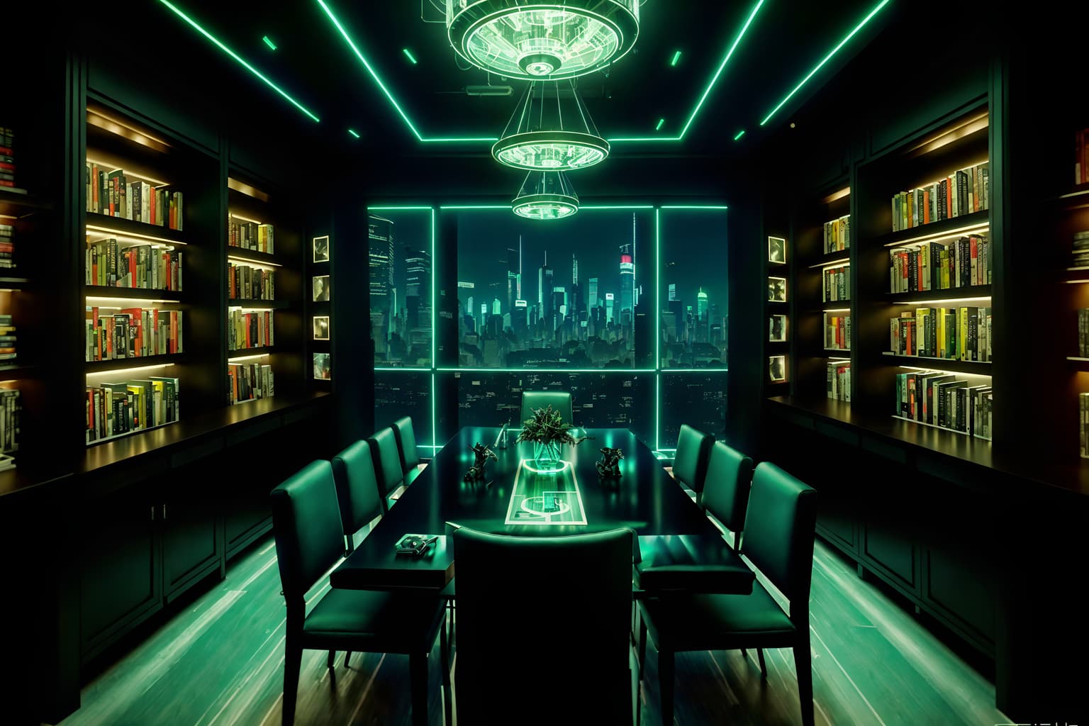 cyberpunk-style (dining room interior) with bookshelves and plates, cutlery and glasses on dining table and painting or photo on wall and light or chandelier and plant and table cloth and dining table chairs and vase. . with dark night and synthetic objects and cyberpunk lights and futuristic cybernetic city and cyberpunk style and surrealist paintings and led lights and military uniforms and gear. . cinematic photo, highly detailed, cinematic lighting, ultra-detailed, ultrarealistic, photorealism, 8k. cyberpunk interior design style. masterpiece, cinematic light, ultrarealistic+, photorealistic+, 8k, raw photo, realistic, sharp focus on eyes, (symmetrical eyes), (intact eyes), hyperrealistic, highest quality, best quality, , highly detailed, masterpiece, best quality, extremely detailed 8k wallpaper, masterpiece, best quality, ultra-detailed, best shadow, detailed background, detailed face, detailed eyes, high contrast, best illumination, detailed face, dulux, caustic, dynamic angle, detailed glow. dramatic lighting. highly detailed, insanely detailed hair, symmetrical, intricate details, professionally retouched, 8k high definition. strong bokeh. award winning photo.