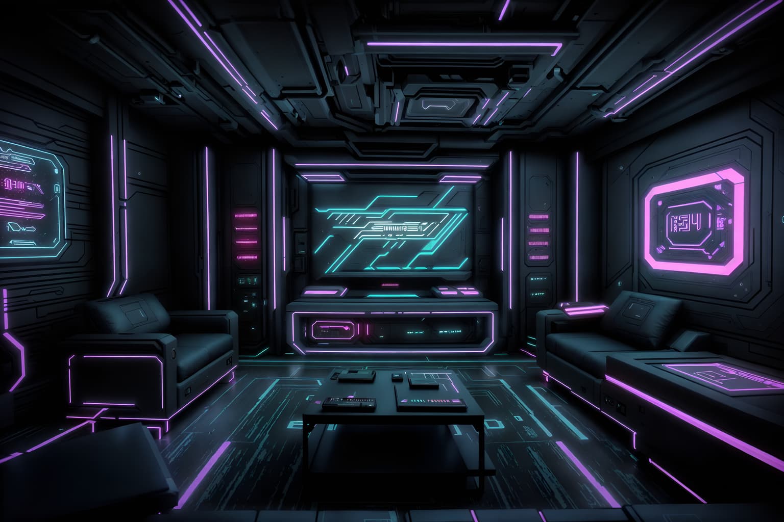 cyberpunk-style (gaming room interior) . with minimalist and futuristic cybernetic city and black lights and synthetic objects and led lights and bladerunner style and synthwave and cyberpunk style. . cinematic photo, highly detailed, cinematic lighting, ultra-detailed, ultrarealistic, photorealism, 8k. cyberpunk interior design style. masterpiece, cinematic light, ultrarealistic+, photorealistic+, 8k, raw photo, realistic, sharp focus on eyes, (symmetrical eyes), (intact eyes), hyperrealistic, highest quality, best quality, , highly detailed, masterpiece, best quality, extremely detailed 8k wallpaper, masterpiece, best quality, ultra-detailed, best shadow, detailed background, detailed face, detailed eyes, high contrast, best illumination, detailed face, dulux, caustic, dynamic angle, detailed glow. dramatic lighting. highly detailed, insanely detailed hair, symmetrical, intricate details, professionally retouched, 8k high definition. strong bokeh. award winning photo.