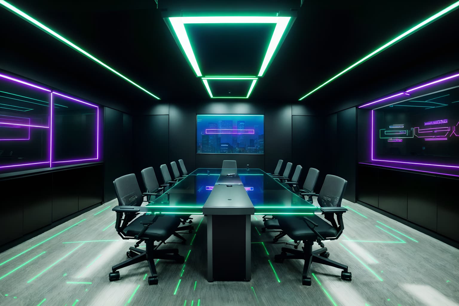 cyberpunk-style (meeting room interior) with vase and painting or photo on wall and office chairs and boardroom table and glass doors and plant and glass walls and cabinets. . with military uniforms and gear and color lights glow and cyberpunk lights and strong geometric walls and black lights and led lights and synthwave and cyberpunk lights. . cinematic photo, highly detailed, cinematic lighting, ultra-detailed, ultrarealistic, photorealism, 8k. cyberpunk interior design style. masterpiece, cinematic light, ultrarealistic+, photorealistic+, 8k, raw photo, realistic, sharp focus on eyes, (symmetrical eyes), (intact eyes), hyperrealistic, highest quality, best quality, , highly detailed, masterpiece, best quality, extremely detailed 8k wallpaper, masterpiece, best quality, ultra-detailed, best shadow, detailed background, detailed face, detailed eyes, high contrast, best illumination, detailed face, dulux, caustic, dynamic angle, detailed glow. dramatic lighting. highly detailed, insanely detailed hair, symmetrical, intricate details, professionally retouched, 8k high definition. strong bokeh. award winning photo.