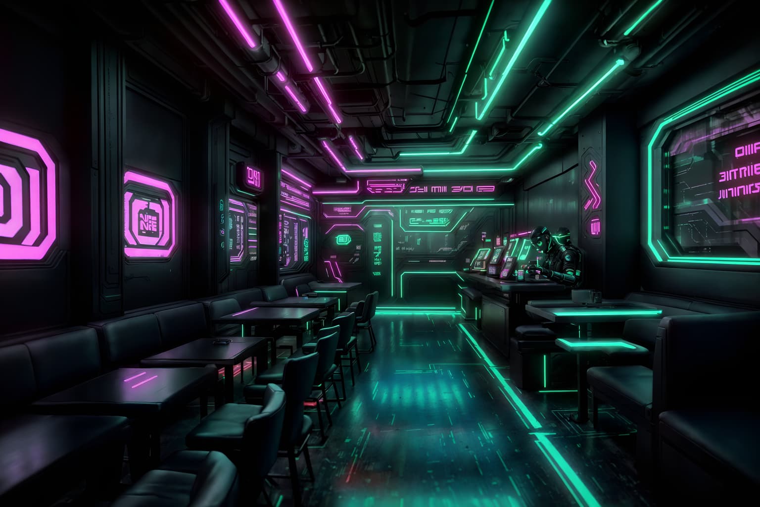 cyberpunk-style (coffee shop interior) . with bladerunner lights and color lights glow and synthwave and surrealist paintings and cyberpunk lights and minimalist and synthetic objects and futuristic cybernetic details. . cinematic photo, highly detailed, cinematic lighting, ultra-detailed, ultrarealistic, photorealism, 8k. cyberpunk interior design style. masterpiece, cinematic light, ultrarealistic+, photorealistic+, 8k, raw photo, realistic, sharp focus on eyes, (symmetrical eyes), (intact eyes), hyperrealistic, highest quality, best quality, , highly detailed, masterpiece, best quality, extremely detailed 8k wallpaper, masterpiece, best quality, ultra-detailed, best shadow, detailed background, detailed face, detailed eyes, high contrast, best illumination, detailed face, dulux, caustic, dynamic angle, detailed glow. dramatic lighting. highly detailed, insanely detailed hair, symmetrical, intricate details, professionally retouched, 8k high definition. strong bokeh. award winning photo.