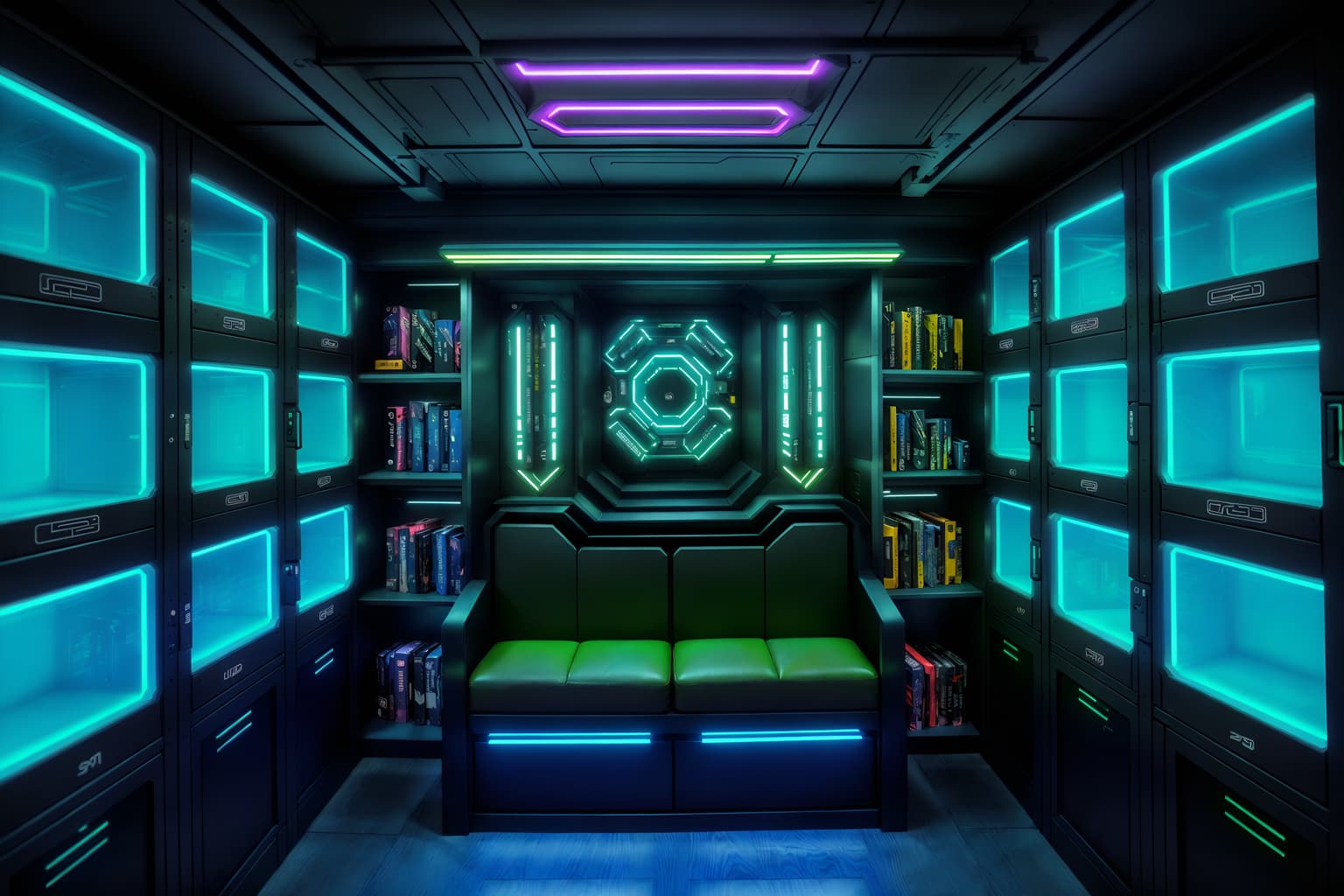 cyberpunk-style (drop zone interior) with storage drawers and lockers and high up storage and cubbies and shelves for shoes and cabinets and wall hooks for coats and a bench. . with color lights glow and bladerunner lights and futuristic cybernetic details and bladerunner style and synthetic objects and cyberpunk lights and strong geometric walls and surrealist paintings. . cinematic photo, highly detailed, cinematic lighting, ultra-detailed, ultrarealistic, photorealism, 8k. cyberpunk interior design style. masterpiece, cinematic light, ultrarealistic+, photorealistic+, 8k, raw photo, realistic, sharp focus on eyes, (symmetrical eyes), (intact eyes), hyperrealistic, highest quality, best quality, , highly detailed, masterpiece, best quality, extremely detailed 8k wallpaper, masterpiece, best quality, ultra-detailed, best shadow, detailed background, detailed face, detailed eyes, high contrast, best illumination, detailed face, dulux, caustic, dynamic angle, detailed glow. dramatic lighting. highly detailed, insanely detailed hair, symmetrical, intricate details, professionally retouched, 8k high definition. strong bokeh. award winning photo.