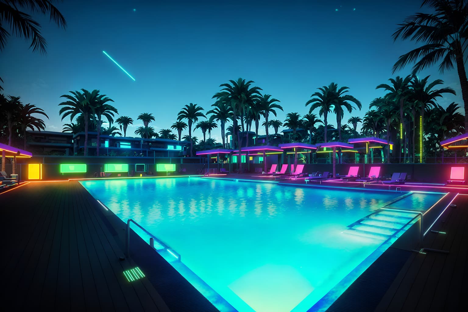 cyberpunk-style designed (outdoor pool area ) with pool lounge chairs and pool and pool lights and pool lounge chairs. . with color lights glow and strong geometric walls and cyberpunk style and cyberpunk lights and cyberpunk lights and synthwave and military uniforms and gear and dark night. . cinematic photo, highly detailed, cinematic lighting, ultra-detailed, ultrarealistic, photorealism, 8k. cyberpunk design style. masterpiece, cinematic light, ultrarealistic+, photorealistic+, 8k, raw photo, realistic, sharp focus on eyes, (symmetrical eyes), (intact eyes), hyperrealistic, highest quality, best quality, , highly detailed, masterpiece, best quality, extremely detailed 8k wallpaper, masterpiece, best quality, ultra-detailed, best shadow, detailed background, detailed face, detailed eyes, high contrast, best illumination, detailed face, dulux, caustic, dynamic angle, detailed glow. dramatic lighting. highly detailed, insanely detailed hair, symmetrical, intricate details, professionally retouched, 8k high definition. strong bokeh. award winning photo.