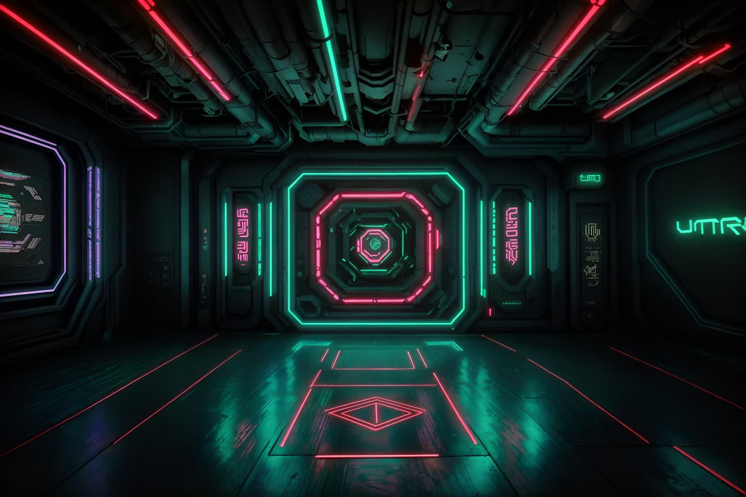 cyberpunk-style (exhibition space interior) . with cyberpunk lights and synthetic objects and surrealist paintings and cyberpunk lights and minimalist and strong geometric walls and bladerunner style and color lights glow. . cinematic photo, highly detailed, cinematic lighting, ultra-detailed, ultrarealistic, photorealism, 8k. cyberpunk interior design style. masterpiece, cinematic light, ultrarealistic+, photorealistic+, 8k, raw photo, realistic, sharp focus on eyes, (symmetrical eyes), (intact eyes), hyperrealistic, highest quality, best quality, , highly detailed, masterpiece, best quality, extremely detailed 8k wallpaper, masterpiece, best quality, ultra-detailed, best shadow, detailed background, detailed face, detailed eyes, high contrast, best illumination, detailed face, dulux, caustic, dynamic angle, detailed glow. dramatic lighting. highly detailed, insanely detailed hair, symmetrical, intricate details, professionally retouched, 8k high definition. strong bokeh. award winning photo.