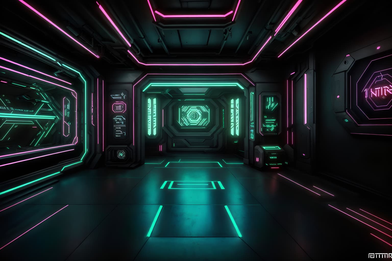 cyberpunk-style (exhibition space interior) . with cyberpunk lights and synthetic objects and surrealist paintings and cyberpunk lights and minimalist and strong geometric walls and bladerunner style and color lights glow. . cinematic photo, highly detailed, cinematic lighting, ultra-detailed, ultrarealistic, photorealism, 8k. cyberpunk interior design style. masterpiece, cinematic light, ultrarealistic+, photorealistic+, 8k, raw photo, realistic, sharp focus on eyes, (symmetrical eyes), (intact eyes), hyperrealistic, highest quality, best quality, , highly detailed, masterpiece, best quality, extremely detailed 8k wallpaper, masterpiece, best quality, ultra-detailed, best shadow, detailed background, detailed face, detailed eyes, high contrast, best illumination, detailed face, dulux, caustic, dynamic angle, detailed glow. dramatic lighting. highly detailed, insanely detailed hair, symmetrical, intricate details, professionally retouched, 8k high definition. strong bokeh. award winning photo.