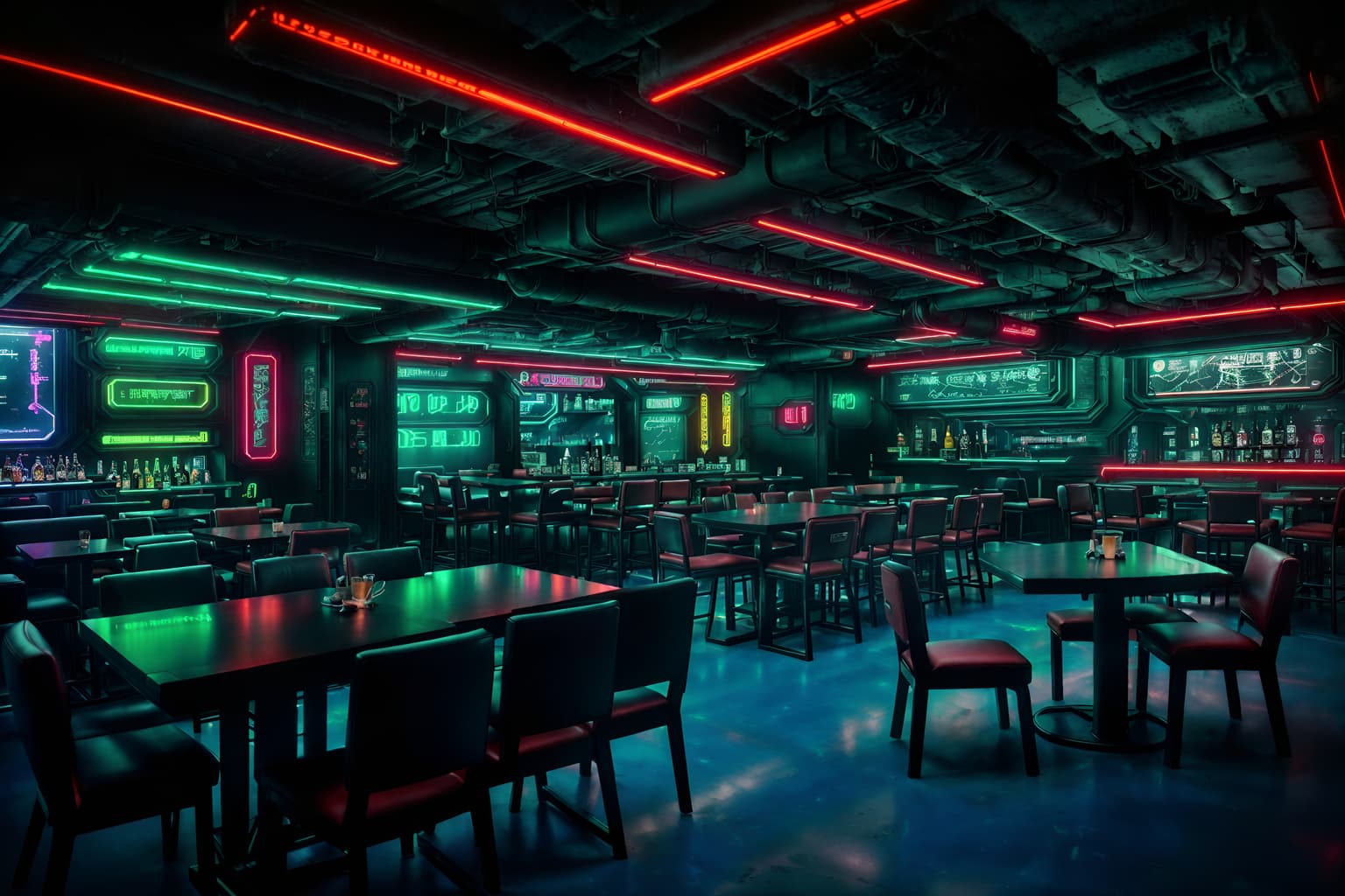 cyberpunk-style (restaurant interior) with restaurant chairs and restaurant bar and restaurant dining tables and restaurant decor and restaurant chairs. . with led lights and cyberpunk style and cyberpunk lights and futuristic cybernetic details and military uniforms and gear and color lights glow and bladerunner lights and cyberpunk lights. . cinematic photo, highly detailed, cinematic lighting, ultra-detailed, ultrarealistic, photorealism, 8k. cyberpunk interior design style. masterpiece, cinematic light, ultrarealistic+, photorealistic+, 8k, raw photo, realistic, sharp focus on eyes, (symmetrical eyes), (intact eyes), hyperrealistic, highest quality, best quality, , highly detailed, masterpiece, best quality, extremely detailed 8k wallpaper, masterpiece, best quality, ultra-detailed, best shadow, detailed background, detailed face, detailed eyes, high contrast, best illumination, detailed face, dulux, caustic, dynamic angle, detailed glow. dramatic lighting. highly detailed, insanely detailed hair, symmetrical, intricate details, professionally retouched, 8k high definition. strong bokeh. award winning photo.
