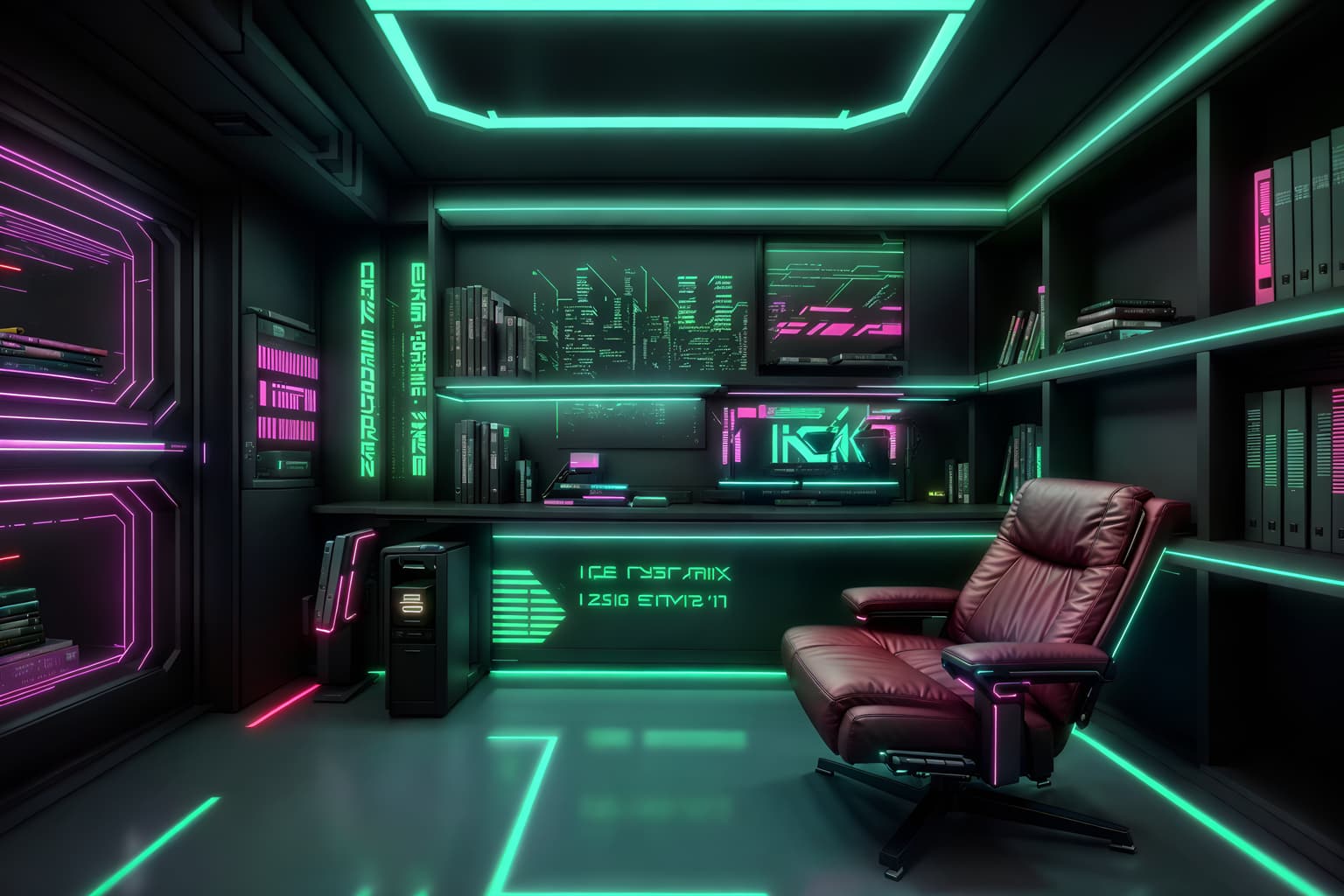 cyberpunk-style (study room interior) with office chair and writing desk and lounge chair and bookshelves and plant and desk lamp and cabinets and office chair. . with synthwave and cyberpunk lights and clean straight square lines and strong geometric walls and futuristic cybernetic city and bladerunner lights and cyberpunk style and futuristic cybernetic details. . cinematic photo, highly detailed, cinematic lighting, ultra-detailed, ultrarealistic, photorealism, 8k. cyberpunk interior design style. masterpiece, cinematic light, ultrarealistic+, photorealistic+, 8k, raw photo, realistic, sharp focus on eyes, (symmetrical eyes), (intact eyes), hyperrealistic, highest quality, best quality, , highly detailed, masterpiece, best quality, extremely detailed 8k wallpaper, masterpiece, best quality, ultra-detailed, best shadow, detailed background, detailed face, detailed eyes, high contrast, best illumination, detailed face, dulux, caustic, dynamic angle, detailed glow. dramatic lighting. highly detailed, insanely detailed hair, symmetrical, intricate details, professionally retouched, 8k high definition. strong bokeh. award winning photo.