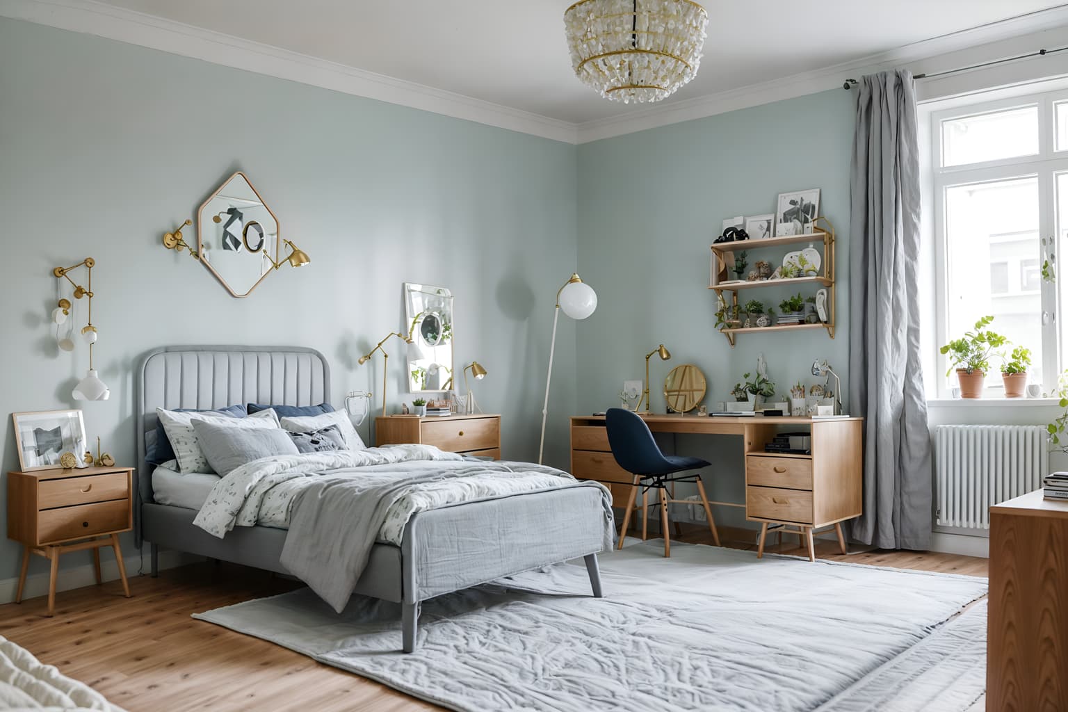 scandinavian-style (kids room interior) with headboard and plant and bedside table or night stand and bed and mirror and accent chair and storage bench or ottoman and kids desk. . with . . cinematic photo, highly detailed, cinematic lighting, ultra-detailed, ultrarealistic, photorealism, 8k. scandinavian interior design style. masterpiece, cinematic light, ultrarealistic+, photorealistic+, 8k, raw photo, realistic, sharp focus on eyes, (symmetrical eyes), (intact eyes), hyperrealistic, highest quality, best quality, , highly detailed, masterpiece, best quality, extremely detailed 8k wallpaper, masterpiece, best quality, ultra-detailed, best shadow, detailed background, detailed face, detailed eyes, high contrast, best illumination, detailed face, dulux, caustic, dynamic angle, detailed glow. dramatic lighting. highly detailed, insanely detailed hair, symmetrical, intricate details, professionally retouched, 8k high definition. strong bokeh. award winning photo.