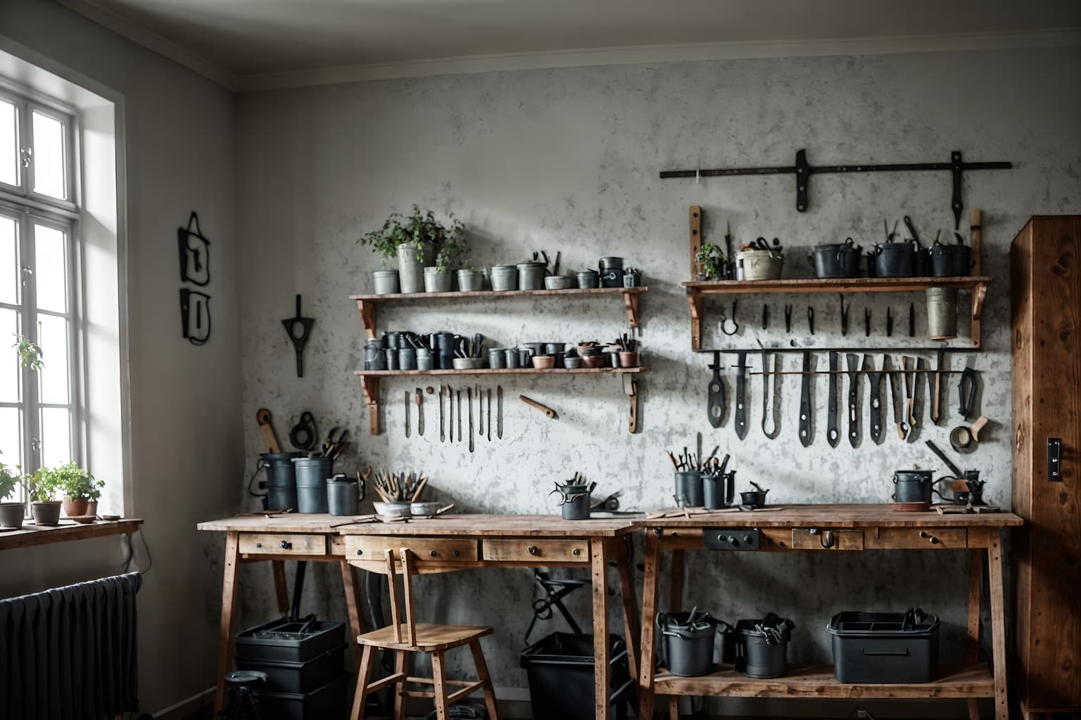 scandinavian-style (workshop interior) with tool wall and messy and wooden workbench and tool wall. . with . . cinematic photo, highly detailed, cinematic lighting, ultra-detailed, ultrarealistic, photorealism, 8k. scandinavian interior design style. masterpiece, cinematic light, ultrarealistic+, photorealistic+, 8k, raw photo, realistic, sharp focus on eyes, (symmetrical eyes), (intact eyes), hyperrealistic, highest quality, best quality, , highly detailed, masterpiece, best quality, extremely detailed 8k wallpaper, masterpiece, best quality, ultra-detailed, best shadow, detailed background, detailed face, detailed eyes, high contrast, best illumination, detailed face, dulux, caustic, dynamic angle, detailed glow. dramatic lighting. highly detailed, insanely detailed hair, symmetrical, intricate details, professionally retouched, 8k high definition. strong bokeh. award winning photo.