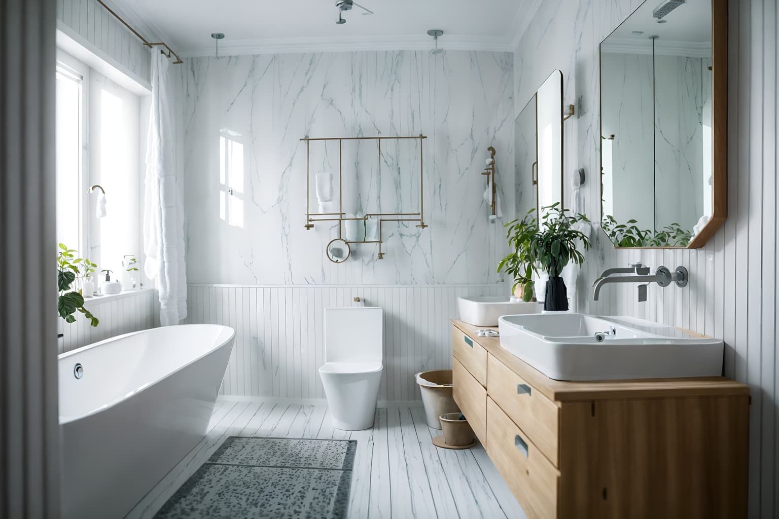 scandinavian-style (bathroom interior) with shower and mirror and plant and waste basket and toilet seat and bath towel and bathtub and bathroom sink with faucet. . with . . cinematic photo, highly detailed, cinematic lighting, ultra-detailed, ultrarealistic, photorealism, 8k. scandinavian interior design style. masterpiece, cinematic light, ultrarealistic+, photorealistic+, 8k, raw photo, realistic, sharp focus on eyes, (symmetrical eyes), (intact eyes), hyperrealistic, highest quality, best quality, , highly detailed, masterpiece, best quality, extremely detailed 8k wallpaper, masterpiece, best quality, ultra-detailed, best shadow, detailed background, detailed face, detailed eyes, high contrast, best illumination, detailed face, dulux, caustic, dynamic angle, detailed glow. dramatic lighting. highly detailed, insanely detailed hair, symmetrical, intricate details, professionally retouched, 8k high definition. strong bokeh. award winning photo.