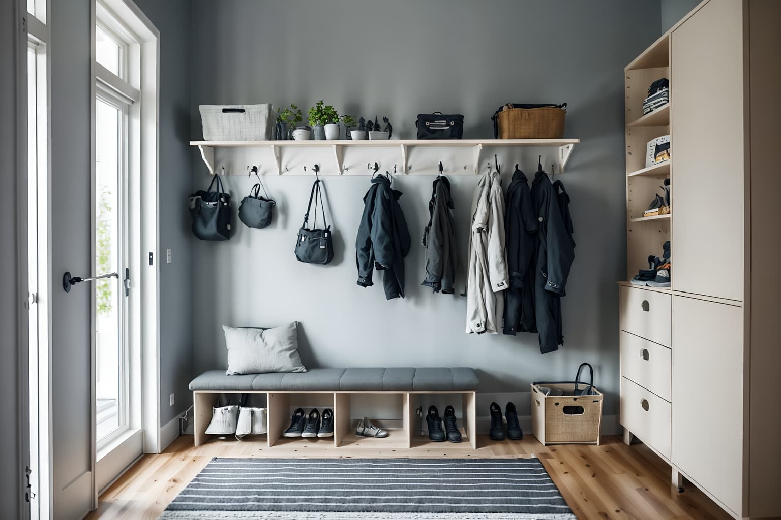 scandinavian-style (drop zone interior) with wall hooks for coats and storage baskets and cubbies and shelves for shoes and a bench and lockers and storage drawers and cabinets. . with . . cinematic photo, highly detailed, cinematic lighting, ultra-detailed, ultrarealistic, photorealism, 8k. scandinavian interior design style. masterpiece, cinematic light, ultrarealistic+, photorealistic+, 8k, raw photo, realistic, sharp focus on eyes, (symmetrical eyes), (intact eyes), hyperrealistic, highest quality, best quality, , highly detailed, masterpiece, best quality, extremely detailed 8k wallpaper, masterpiece, best quality, ultra-detailed, best shadow, detailed background, detailed face, detailed eyes, high contrast, best illumination, detailed face, dulux, caustic, dynamic angle, detailed glow. dramatic lighting. highly detailed, insanely detailed hair, symmetrical, intricate details, professionally retouched, 8k high definition. strong bokeh. award winning photo.