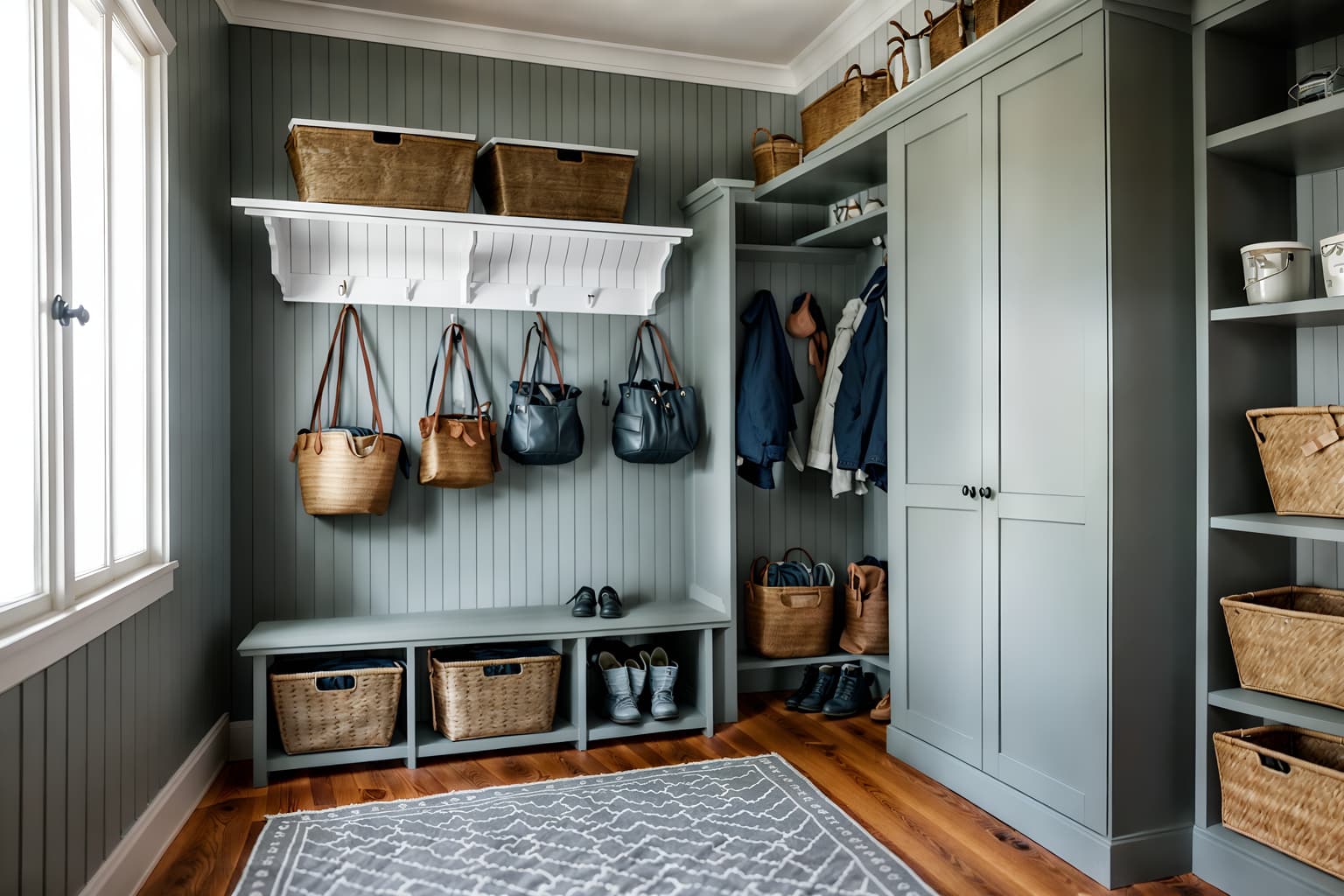 scandinavian-style (mudroom interior) with a bench and storage drawers and shelves for shoes and cabinets and storage baskets and wall hooks for coats and cubbies and high up storage. . with . . cinematic photo, highly detailed, cinematic lighting, ultra-detailed, ultrarealistic, photorealism, 8k. scandinavian interior design style. masterpiece, cinematic light, ultrarealistic+, photorealistic+, 8k, raw photo, realistic, sharp focus on eyes, (symmetrical eyes), (intact eyes), hyperrealistic, highest quality, best quality, , highly detailed, masterpiece, best quality, extremely detailed 8k wallpaper, masterpiece, best quality, ultra-detailed, best shadow, detailed background, detailed face, detailed eyes, high contrast, best illumination, detailed face, dulux, caustic, dynamic angle, detailed glow. dramatic lighting. highly detailed, insanely detailed hair, symmetrical, intricate details, professionally retouched, 8k high definition. strong bokeh. award winning photo.