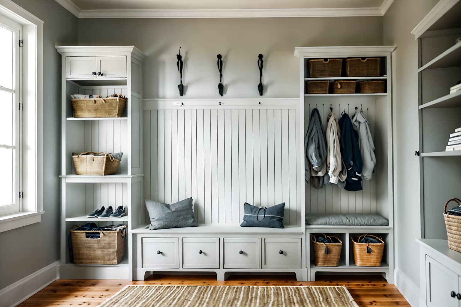 scandinavian-style (mudroom interior) with a bench and storage drawers and shelves for shoes and cabinets and storage baskets and wall hooks for coats and cubbies and high up storage. . with . . cinematic photo, highly detailed, cinematic lighting, ultra-detailed, ultrarealistic, photorealism, 8k. scandinavian interior design style. masterpiece, cinematic light, ultrarealistic+, photorealistic+, 8k, raw photo, realistic, sharp focus on eyes, (symmetrical eyes), (intact eyes), hyperrealistic, highest quality, best quality, , highly detailed, masterpiece, best quality, extremely detailed 8k wallpaper, masterpiece, best quality, ultra-detailed, best shadow, detailed background, detailed face, detailed eyes, high contrast, best illumination, detailed face, dulux, caustic, dynamic angle, detailed glow. dramatic lighting. highly detailed, insanely detailed hair, symmetrical, intricate details, professionally retouched, 8k high definition. strong bokeh. award winning photo.