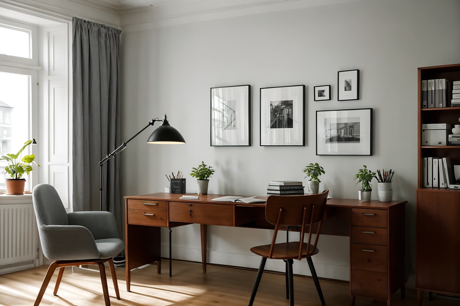 scandinavian-style (study room interior) with cabinets and office chair and plant and writing desk and desk lamp and bookshelves and lounge chair and cabinets. . with . . cinematic photo, highly detailed, cinematic lighting, ultra-detailed, ultrarealistic, photorealism, 8k. scandinavian interior design style. masterpiece, cinematic light, ultrarealistic+, photorealistic+, 8k, raw photo, realistic, sharp focus on eyes, (symmetrical eyes), (intact eyes), hyperrealistic, highest quality, best quality, , highly detailed, masterpiece, best quality, extremely detailed 8k wallpaper, masterpiece, best quality, ultra-detailed, best shadow, detailed background, detailed face, detailed eyes, high contrast, best illumination, detailed face, dulux, caustic, dynamic angle, detailed glow. dramatic lighting. highly detailed, insanely detailed hair, symmetrical, intricate details, professionally retouched, 8k high definition. strong bokeh. award winning photo.