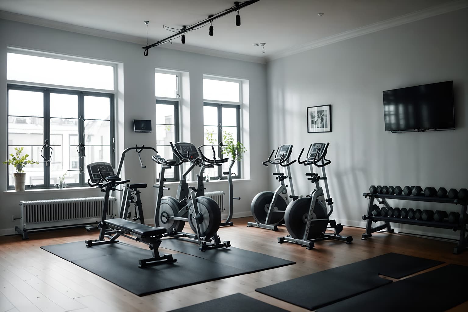 scandinavian-style (fitness gym interior) with exercise bicycle and dumbbell stand and crosstrainer and squat rack and bench press and exercise bicycle. . with . . cinematic photo, highly detailed, cinematic lighting, ultra-detailed, ultrarealistic, photorealism, 8k. scandinavian interior design style. masterpiece, cinematic light, ultrarealistic+, photorealistic+, 8k, raw photo, realistic, sharp focus on eyes, (symmetrical eyes), (intact eyes), hyperrealistic, highest quality, best quality, , highly detailed, masterpiece, best quality, extremely detailed 8k wallpaper, masterpiece, best quality, ultra-detailed, best shadow, detailed background, detailed face, detailed eyes, high contrast, best illumination, detailed face, dulux, caustic, dynamic angle, detailed glow. dramatic lighting. highly detailed, insanely detailed hair, symmetrical, intricate details, professionally retouched, 8k high definition. strong bokeh. award winning photo.