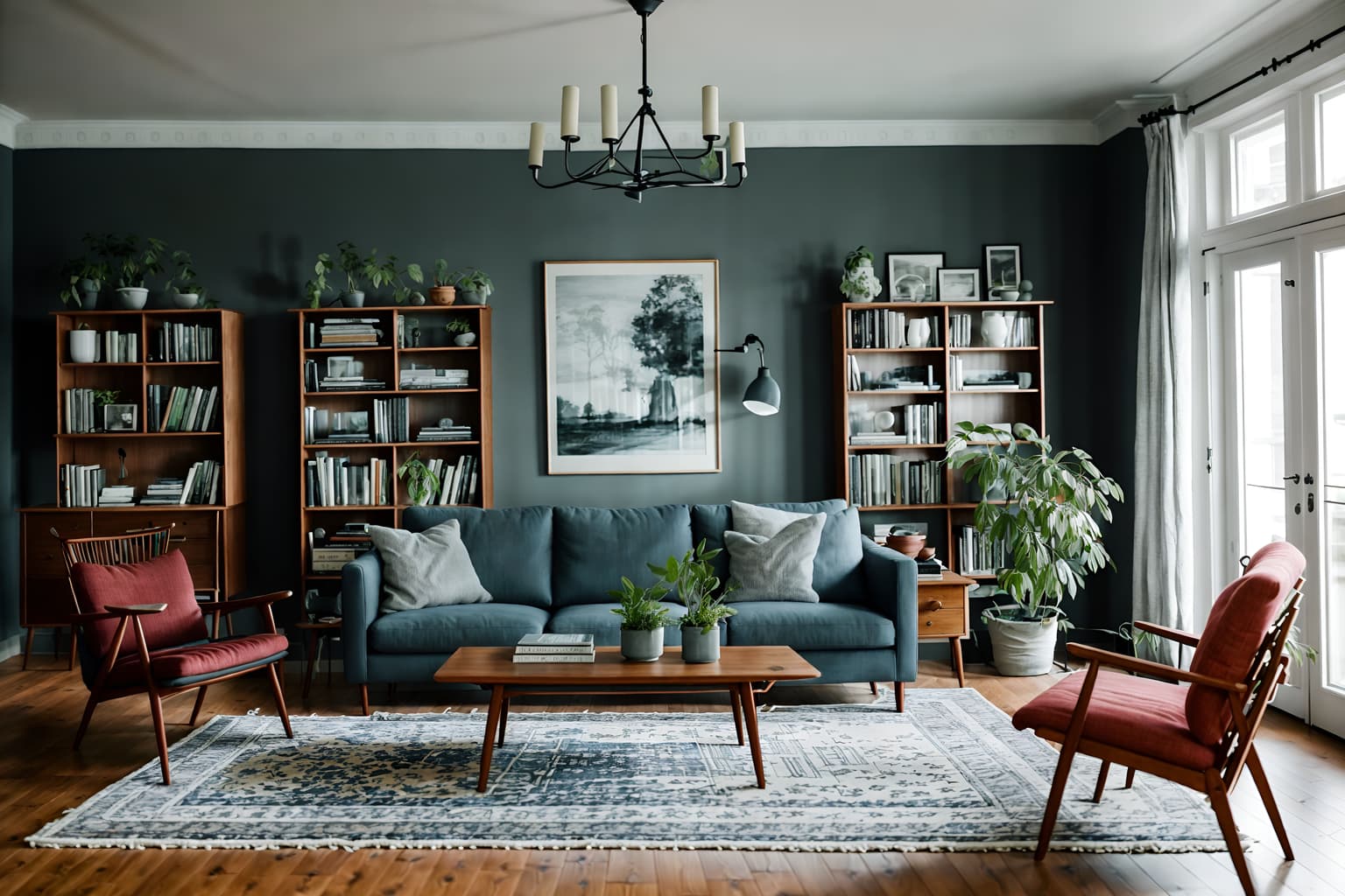 scandinavian-style (living room interior) with chairs and plant and rug and bookshelves and furniture and sofa and televisions and occasional tables. . with . . cinematic photo, highly detailed, cinematic lighting, ultra-detailed, ultrarealistic, photorealism, 8k. scandinavian interior design style. masterpiece, cinematic light, ultrarealistic+, photorealistic+, 8k, raw photo, realistic, sharp focus on eyes, (symmetrical eyes), (intact eyes), hyperrealistic, highest quality, best quality, , highly detailed, masterpiece, best quality, extremely detailed 8k wallpaper, masterpiece, best quality, ultra-detailed, best shadow, detailed background, detailed face, detailed eyes, high contrast, best illumination, detailed face, dulux, caustic, dynamic angle, detailed glow. dramatic lighting. highly detailed, insanely detailed hair, symmetrical, intricate details, professionally retouched, 8k high definition. strong bokeh. award winning photo.