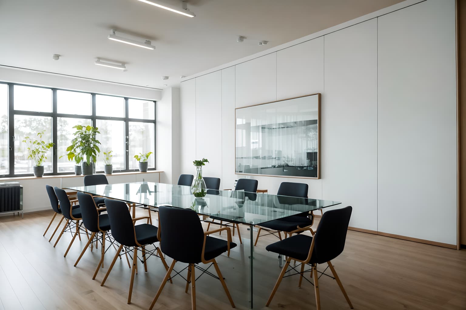scandinavian-style (meeting room interior) with office chairs and glass doors and plant and boardroom table and cabinets and vase and glass walls and painting or photo on wall. . with . . cinematic photo, highly detailed, cinematic lighting, ultra-detailed, ultrarealistic, photorealism, 8k. scandinavian interior design style. masterpiece, cinematic light, ultrarealistic+, photorealistic+, 8k, raw photo, realistic, sharp focus on eyes, (symmetrical eyes), (intact eyes), hyperrealistic, highest quality, best quality, , highly detailed, masterpiece, best quality, extremely detailed 8k wallpaper, masterpiece, best quality, ultra-detailed, best shadow, detailed background, detailed face, detailed eyes, high contrast, best illumination, detailed face, dulux, caustic, dynamic angle, detailed glow. dramatic lighting. highly detailed, insanely detailed hair, symmetrical, intricate details, professionally retouched, 8k high definition. strong bokeh. award winning photo.