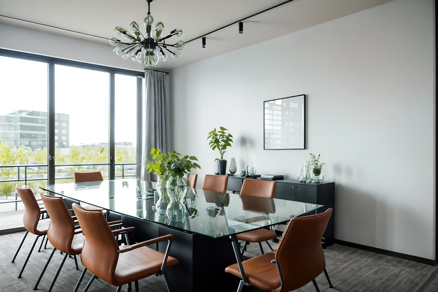 scandinavian-style (meeting room interior) with office chairs and glass doors and plant and boardroom table and cabinets and vase and glass walls and painting or photo on wall. . with . . cinematic photo, highly detailed, cinematic lighting, ultra-detailed, ultrarealistic, photorealism, 8k. scandinavian interior design style. masterpiece, cinematic light, ultrarealistic+, photorealistic+, 8k, raw photo, realistic, sharp focus on eyes, (symmetrical eyes), (intact eyes), hyperrealistic, highest quality, best quality, , highly detailed, masterpiece, best quality, extremely detailed 8k wallpaper, masterpiece, best quality, ultra-detailed, best shadow, detailed background, detailed face, detailed eyes, high contrast, best illumination, detailed face, dulux, caustic, dynamic angle, detailed glow. dramatic lighting. highly detailed, insanely detailed hair, symmetrical, intricate details, professionally retouched, 8k high definition. strong bokeh. award winning photo.
