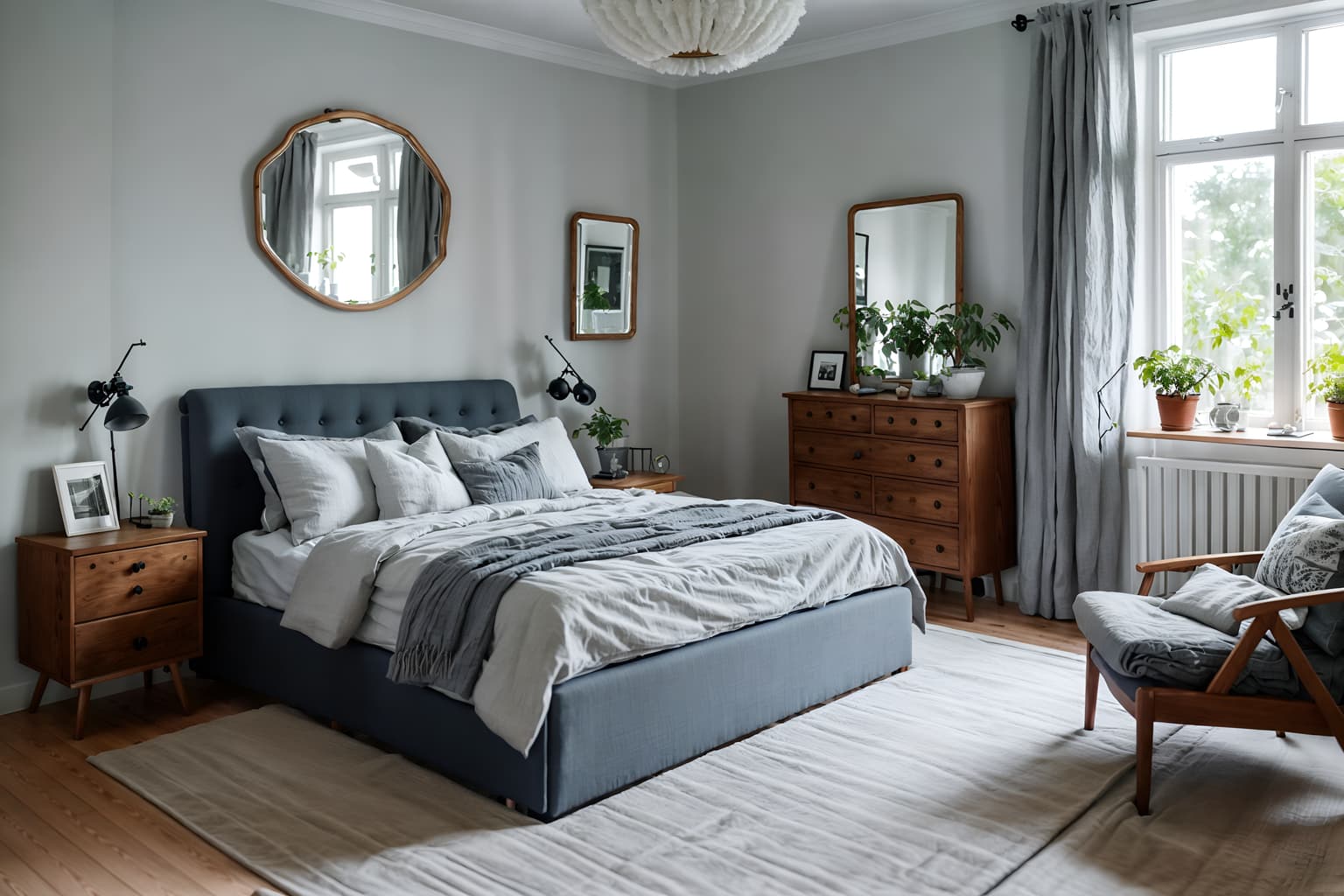 scandinavian-style (bedroom interior) with bed and accent chair and dresser closet and plant and mirror and storage bench or ottoman and headboard and bedside table or night stand. . with . . cinematic photo, highly detailed, cinematic lighting, ultra-detailed, ultrarealistic, photorealism, 8k. scandinavian interior design style. masterpiece, cinematic light, ultrarealistic+, photorealistic+, 8k, raw photo, realistic, sharp focus on eyes, (symmetrical eyes), (intact eyes), hyperrealistic, highest quality, best quality, , highly detailed, masterpiece, best quality, extremely detailed 8k wallpaper, masterpiece, best quality, ultra-detailed, best shadow, detailed background, detailed face, detailed eyes, high contrast, best illumination, detailed face, dulux, caustic, dynamic angle, detailed glow. dramatic lighting. highly detailed, insanely detailed hair, symmetrical, intricate details, professionally retouched, 8k high definition. strong bokeh. award winning photo.