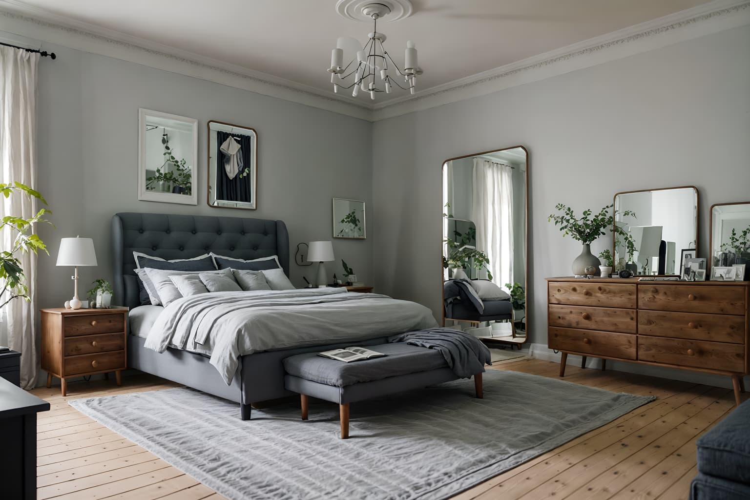 scandinavian-style (bedroom interior) with bed and accent chair and dresser closet and plant and mirror and storage bench or ottoman and headboard and bedside table or night stand. . with . . cinematic photo, highly detailed, cinematic lighting, ultra-detailed, ultrarealistic, photorealism, 8k. scandinavian interior design style. masterpiece, cinematic light, ultrarealistic+, photorealistic+, 8k, raw photo, realistic, sharp focus on eyes, (symmetrical eyes), (intact eyes), hyperrealistic, highest quality, best quality, , highly detailed, masterpiece, best quality, extremely detailed 8k wallpaper, masterpiece, best quality, ultra-detailed, best shadow, detailed background, detailed face, detailed eyes, high contrast, best illumination, detailed face, dulux, caustic, dynamic angle, detailed glow. dramatic lighting. highly detailed, insanely detailed hair, symmetrical, intricate details, professionally retouched, 8k high definition. strong bokeh. award winning photo.