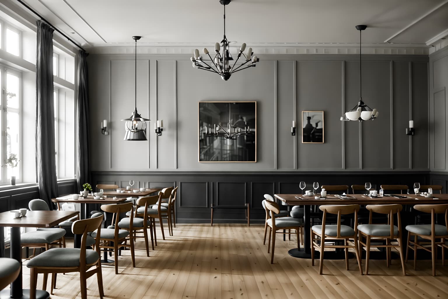 scandinavian-style (restaurant interior) with restaurant chairs and restaurant bar and restaurant decor and restaurant dining tables and restaurant chairs. . with . . cinematic photo, highly detailed, cinematic lighting, ultra-detailed, ultrarealistic, photorealism, 8k. scandinavian interior design style. masterpiece, cinematic light, ultrarealistic+, photorealistic+, 8k, raw photo, realistic, sharp focus on eyes, (symmetrical eyes), (intact eyes), hyperrealistic, highest quality, best quality, , highly detailed, masterpiece, best quality, extremely detailed 8k wallpaper, masterpiece, best quality, ultra-detailed, best shadow, detailed background, detailed face, detailed eyes, high contrast, best illumination, detailed face, dulux, caustic, dynamic angle, detailed glow. dramatic lighting. highly detailed, insanely detailed hair, symmetrical, intricate details, professionally retouched, 8k high definition. strong bokeh. award winning photo.
