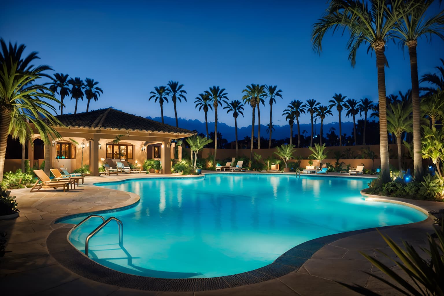 mediterranean-style designed (outdoor pool area ) with pool lights and pool and pool lounge chairs and pool lights. . . cinematic photo, highly detailed, cinematic lighting, ultra-detailed, ultrarealistic, photorealism, 8k. mediterranean design style. masterpiece, cinematic light, ultrarealistic+, photorealistic+, 8k, raw photo, realistic, sharp focus on eyes, (symmetrical eyes), (intact eyes), hyperrealistic, highest quality, best quality, , highly detailed, masterpiece, best quality, extremely detailed 8k wallpaper, masterpiece, best quality, ultra-detailed, best shadow, detailed background, detailed face, detailed eyes, high contrast, best illumination, detailed face, dulux, caustic, dynamic angle, detailed glow. dramatic lighting. highly detailed, insanely detailed hair, symmetrical, intricate details, professionally retouched, 8k high definition. strong bokeh. award winning photo.