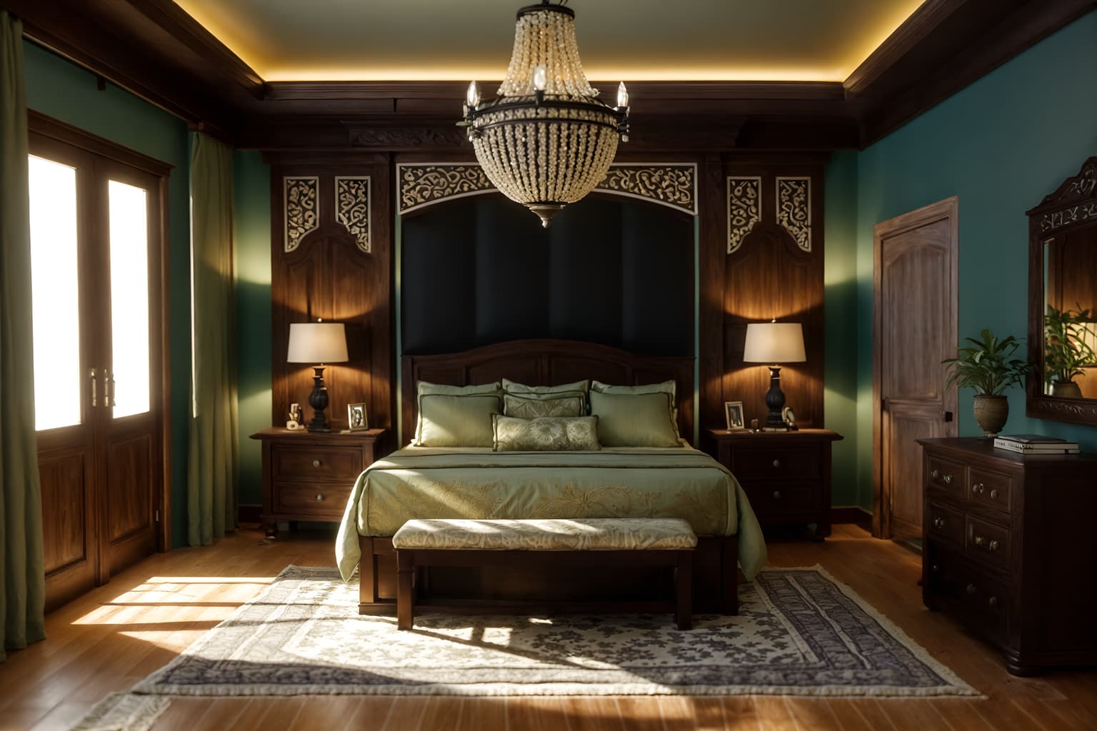 mediterranean-style (bedroom interior) with night light and storage bench or ottoman and mirror and headboard and bedside table or night stand and plant and dresser closet and bed. . . cinematic photo, highly detailed, cinematic lighting, ultra-detailed, ultrarealistic, photorealism, 8k. mediterranean interior design style. masterpiece, cinematic light, ultrarealistic+, photorealistic+, 8k, raw photo, realistic, sharp focus on eyes, (symmetrical eyes), (intact eyes), hyperrealistic, highest quality, best quality, , highly detailed, masterpiece, best quality, extremely detailed 8k wallpaper, masterpiece, best quality, ultra-detailed, best shadow, detailed background, detailed face, detailed eyes, high contrast, best illumination, detailed face, dulux, caustic, dynamic angle, detailed glow. dramatic lighting. highly detailed, insanely detailed hair, symmetrical, intricate details, professionally retouched, 8k high definition. strong bokeh. award winning photo.