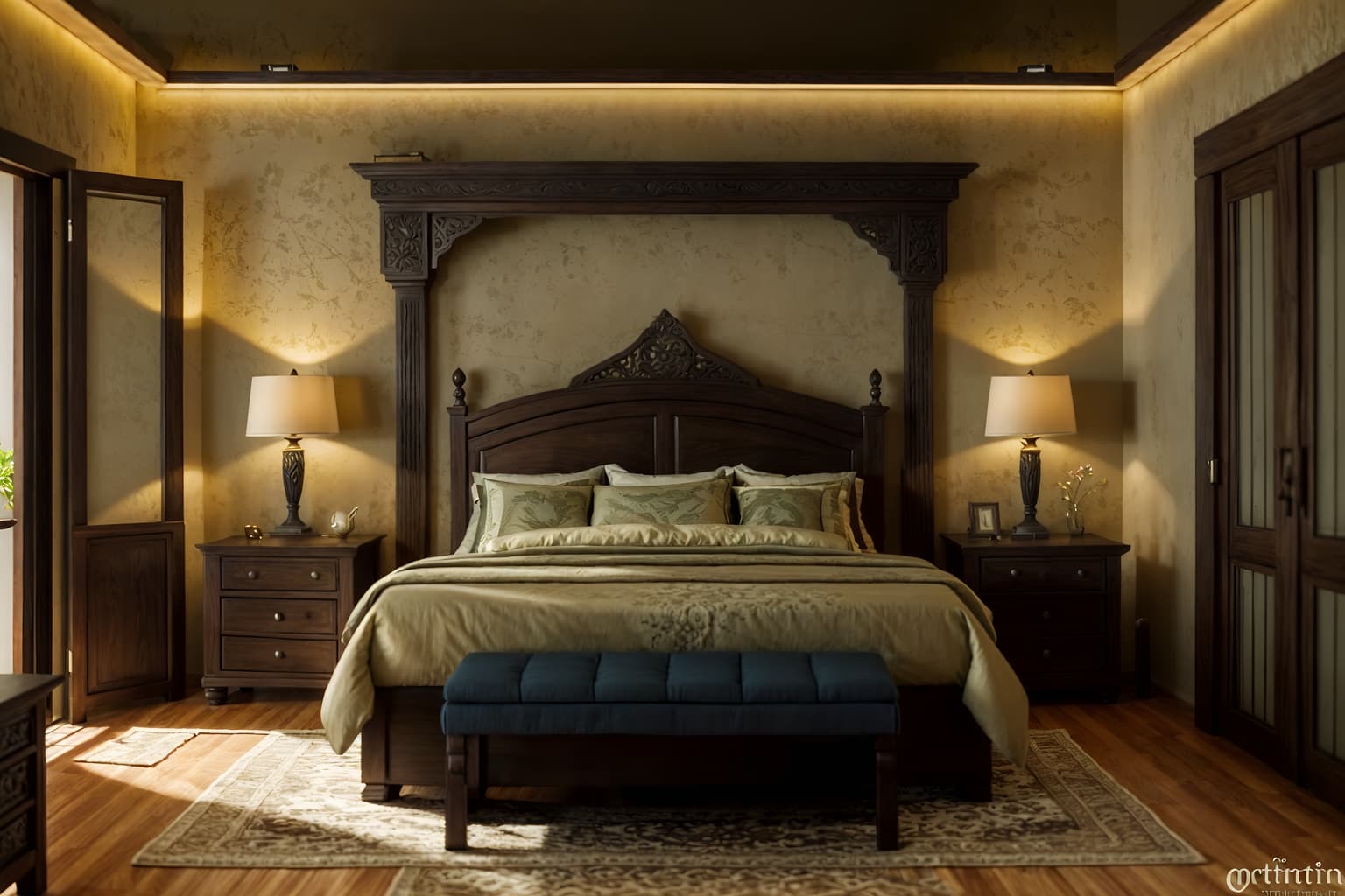 mediterranean-style (bedroom interior) with night light and storage bench or ottoman and mirror and headboard and bedside table or night stand and plant and dresser closet and bed. . . cinematic photo, highly detailed, cinematic lighting, ultra-detailed, ultrarealistic, photorealism, 8k. mediterranean interior design style. masterpiece, cinematic light, ultrarealistic+, photorealistic+, 8k, raw photo, realistic, sharp focus on eyes, (symmetrical eyes), (intact eyes), hyperrealistic, highest quality, best quality, , highly detailed, masterpiece, best quality, extremely detailed 8k wallpaper, masterpiece, best quality, ultra-detailed, best shadow, detailed background, detailed face, detailed eyes, high contrast, best illumination, detailed face, dulux, caustic, dynamic angle, detailed glow. dramatic lighting. highly detailed, insanely detailed hair, symmetrical, intricate details, professionally retouched, 8k high definition. strong bokeh. award winning photo.