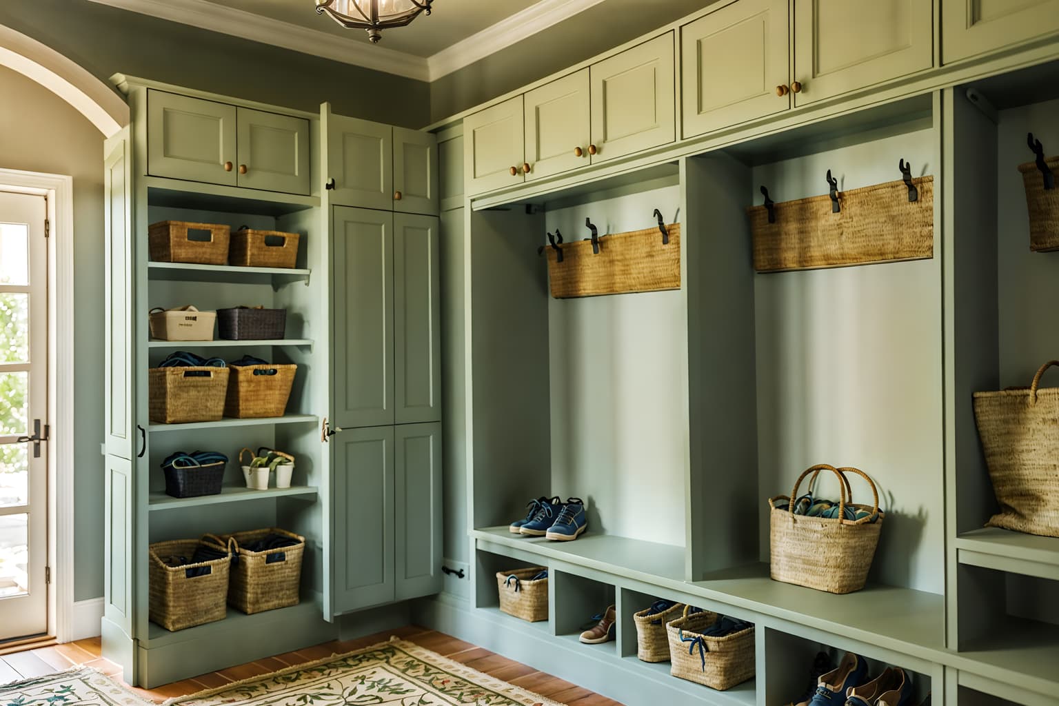 mediterranean-style (mudroom interior) with wall hooks for coats and a bench and high up storage and storage drawers and cabinets and cubbies and shelves for shoes and storage baskets. . . cinematic photo, highly detailed, cinematic lighting, ultra-detailed, ultrarealistic, photorealism, 8k. mediterranean interior design style. masterpiece, cinematic light, ultrarealistic+, photorealistic+, 8k, raw photo, realistic, sharp focus on eyes, (symmetrical eyes), (intact eyes), hyperrealistic, highest quality, best quality, , highly detailed, masterpiece, best quality, extremely detailed 8k wallpaper, masterpiece, best quality, ultra-detailed, best shadow, detailed background, detailed face, detailed eyes, high contrast, best illumination, detailed face, dulux, caustic, dynamic angle, detailed glow. dramatic lighting. highly detailed, insanely detailed hair, symmetrical, intricate details, professionally retouched, 8k high definition. strong bokeh. award winning photo.