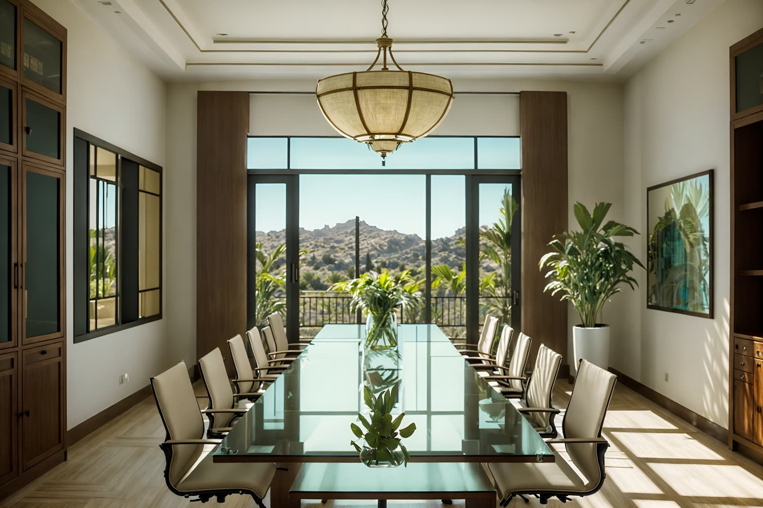 mediterranean-style (meeting room interior) with office chairs and painting or photo on wall and cabinets and glass walls and glass doors and plant and vase and boardroom table. . . cinematic photo, highly detailed, cinematic lighting, ultra-detailed, ultrarealistic, photorealism, 8k. mediterranean interior design style. masterpiece, cinematic light, ultrarealistic+, photorealistic+, 8k, raw photo, realistic, sharp focus on eyes, (symmetrical eyes), (intact eyes), hyperrealistic, highest quality, best quality, , highly detailed, masterpiece, best quality, extremely detailed 8k wallpaper, masterpiece, best quality, ultra-detailed, best shadow, detailed background, detailed face, detailed eyes, high contrast, best illumination, detailed face, dulux, caustic, dynamic angle, detailed glow. dramatic lighting. highly detailed, insanely detailed hair, symmetrical, intricate details, professionally retouched, 8k high definition. strong bokeh. award winning photo.