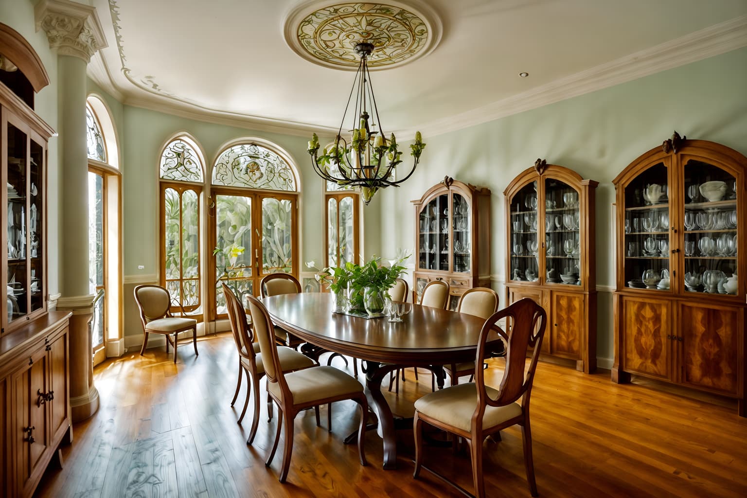 art nouveau-style (dining room interior) with dining table chairs and bookshelves and plates, cutlery and glasses on dining table and plant and vase and painting or photo on wall and table cloth and light or chandelier. . with arches and curved forms and natural materials and curving, plant-like embellishments and asymmetrical shapes and soft, rounded lines and ashy colors and stained glass and wallpaper patterns of feathers. . cinematic photo, highly detailed, cinematic lighting, ultra-detailed, ultrarealistic, photorealism, 8k. art nouveau interior design style. masterpiece, cinematic light, ultrarealistic+, photorealistic+, 8k, raw photo, realistic, sharp focus on eyes, (symmetrical eyes), (intact eyes), hyperrealistic, highest quality, best quality, , highly detailed, masterpiece, best quality, extremely detailed 8k wallpaper, masterpiece, best quality, ultra-detailed, best shadow, detailed background, detailed face, detailed eyes, high contrast, best illumination, detailed face, dulux, caustic, dynamic angle, detailed glow. dramatic lighting. highly detailed, insanely detailed hair, symmetrical, intricate details, professionally retouched, 8k high definition. strong bokeh. award winning photo.