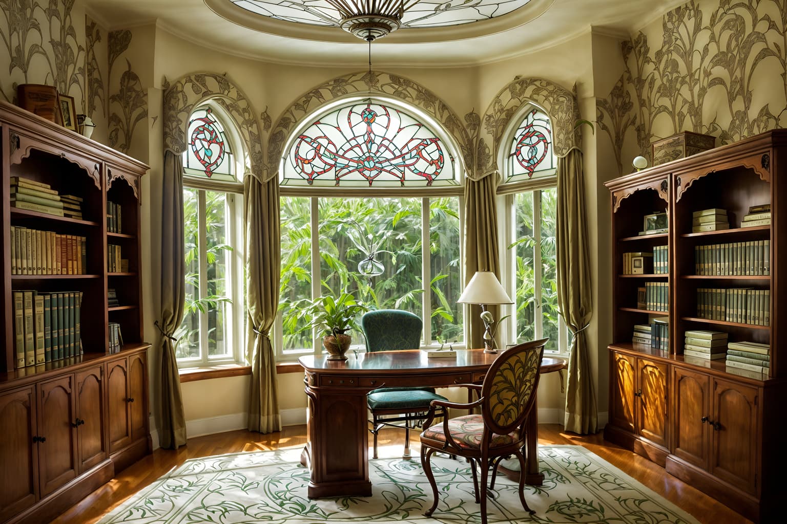 art nouveau-style (study room interior) with bookshelves and office chair and plant and desk lamp and lounge chair and cabinets and writing desk and bookshelves. . with arches and curved forms and curving, plant-like embellishments and soft, rounded lines and stained glass and wallpaper pattners of spider webs and wallpaper patterns of feathers and curved glass and stained glass. . cinematic photo, highly detailed, cinematic lighting, ultra-detailed, ultrarealistic, photorealism, 8k. art nouveau interior design style. masterpiece, cinematic light, ultrarealistic+, photorealistic+, 8k, raw photo, realistic, sharp focus on eyes, (symmetrical eyes), (intact eyes), hyperrealistic, highest quality, best quality, , highly detailed, masterpiece, best quality, extremely detailed 8k wallpaper, masterpiece, best quality, ultra-detailed, best shadow, detailed background, detailed face, detailed eyes, high contrast, best illumination, detailed face, dulux, caustic, dynamic angle, detailed glow. dramatic lighting. highly detailed, insanely detailed hair, symmetrical, intricate details, professionally retouched, 8k high definition. strong bokeh. award winning photo.