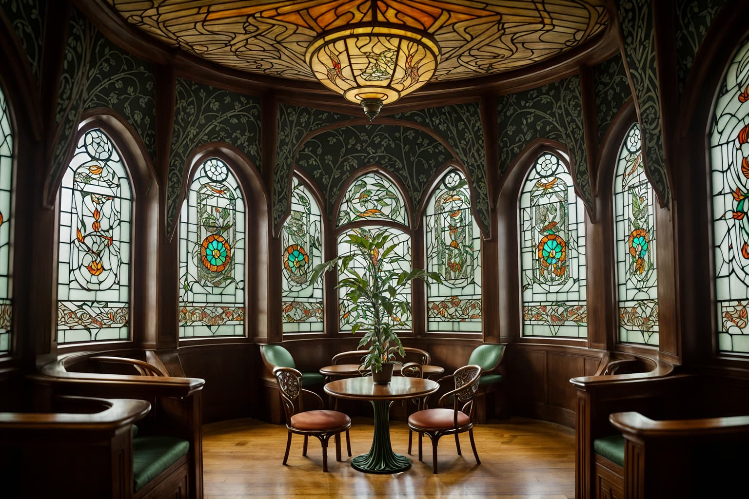 art nouveau-style (coffee shop interior) . with curving, plant-like embellishments and arches and curved forms and soft, rounded lines and asymmetrical shapes and wallpaper patterns of feathers and japanese motifs and stained glass and wallpaper pattners of spider webs. . cinematic photo, highly detailed, cinematic lighting, ultra-detailed, ultrarealistic, photorealism, 8k. art nouveau interior design style. masterpiece, cinematic light, ultrarealistic+, photorealistic+, 8k, raw photo, realistic, sharp focus on eyes, (symmetrical eyes), (intact eyes), hyperrealistic, highest quality, best quality, , highly detailed, masterpiece, best quality, extremely detailed 8k wallpaper, masterpiece, best quality, ultra-detailed, best shadow, detailed background, detailed face, detailed eyes, high contrast, best illumination, detailed face, dulux, caustic, dynamic angle, detailed glow. dramatic lighting. highly detailed, insanely detailed hair, symmetrical, intricate details, professionally retouched, 8k high definition. strong bokeh. award winning photo.