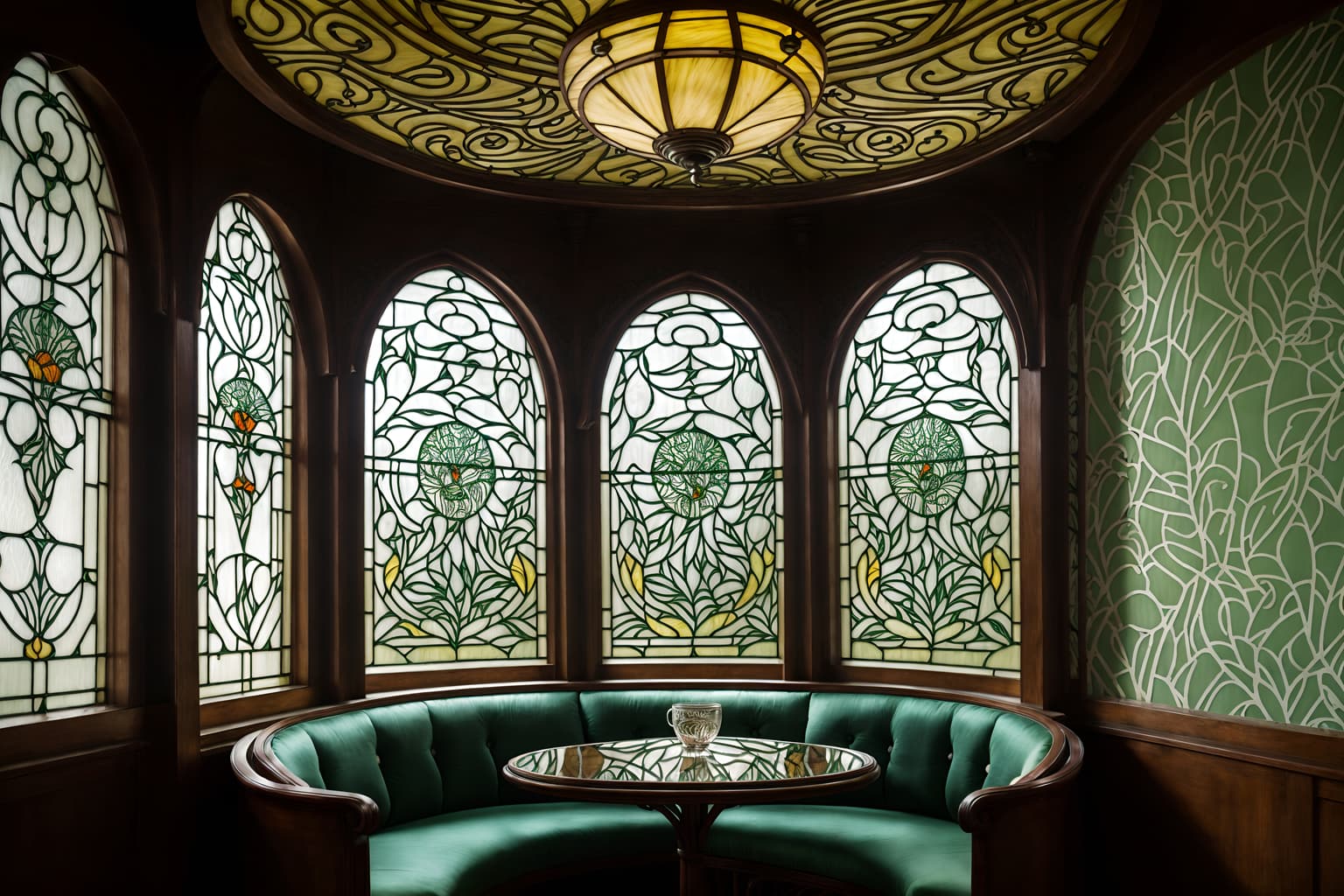 art nouveau-style (coffee shop interior) . with curving, plant-like embellishments and arches and curved forms and soft, rounded lines and asymmetrical shapes and wallpaper patterns of feathers and japanese motifs and stained glass and wallpaper pattners of spider webs. . cinematic photo, highly detailed, cinematic lighting, ultra-detailed, ultrarealistic, photorealism, 8k. art nouveau interior design style. masterpiece, cinematic light, ultrarealistic+, photorealistic+, 8k, raw photo, realistic, sharp focus on eyes, (symmetrical eyes), (intact eyes), hyperrealistic, highest quality, best quality, , highly detailed, masterpiece, best quality, extremely detailed 8k wallpaper, masterpiece, best quality, ultra-detailed, best shadow, detailed background, detailed face, detailed eyes, high contrast, best illumination, detailed face, dulux, caustic, dynamic angle, detailed glow. dramatic lighting. highly detailed, insanely detailed hair, symmetrical, intricate details, professionally retouched, 8k high definition. strong bokeh. award winning photo.