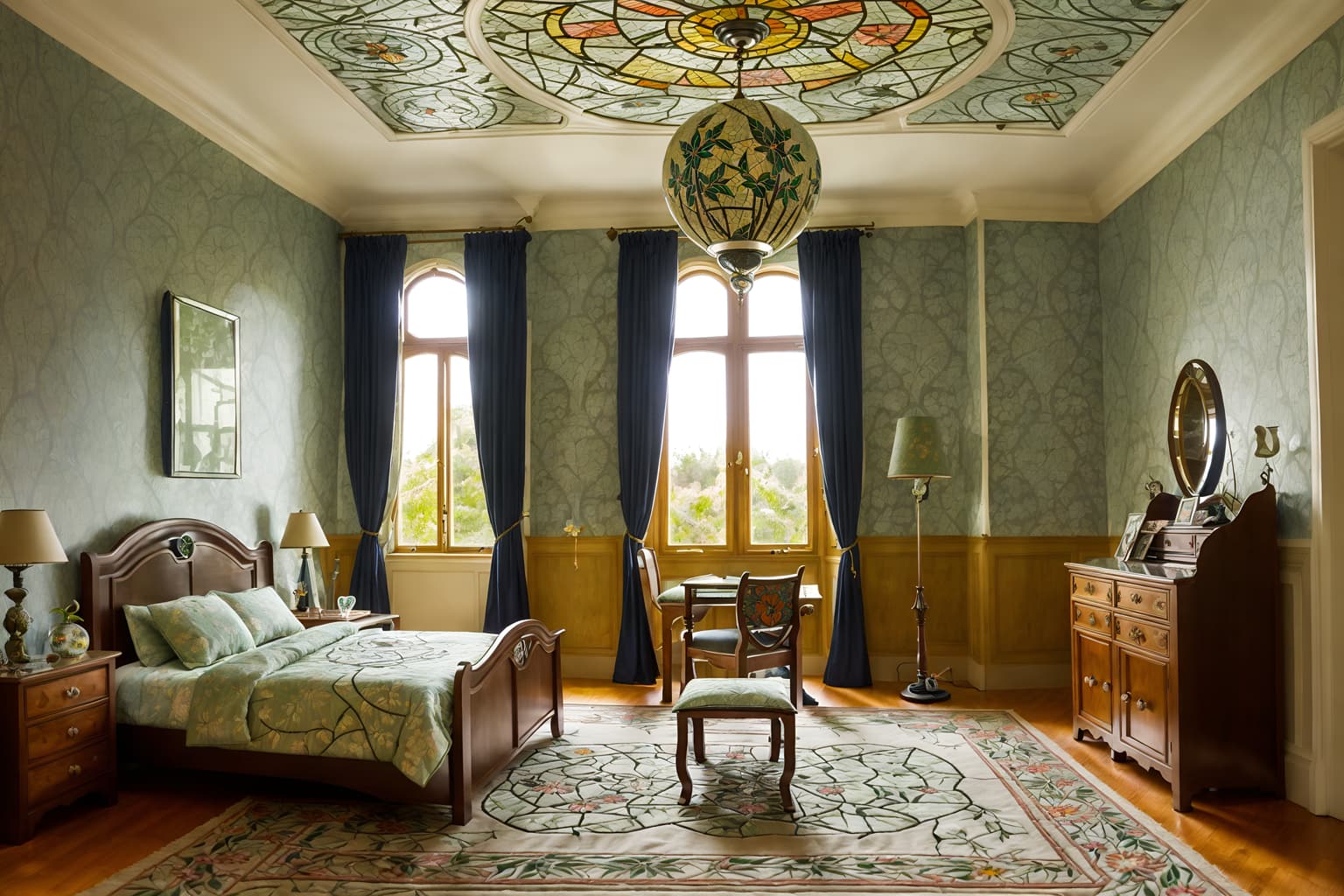 art nouveau-style (kids room interior) with night light and mirror and bed and accent chair and bedside table or night stand and storage bench or ottoman and kids desk and plant. . with mosaics and wallpaper patterns of stylized flowers and stained glass and wallpaper pattners of spider webs and natural materials and ashy colors and curved glass and japanese motifs. . cinematic photo, highly detailed, cinematic lighting, ultra-detailed, ultrarealistic, photorealism, 8k. art nouveau interior design style. masterpiece, cinematic light, ultrarealistic+, photorealistic+, 8k, raw photo, realistic, sharp focus on eyes, (symmetrical eyes), (intact eyes), hyperrealistic, highest quality, best quality, , highly detailed, masterpiece, best quality, extremely detailed 8k wallpaper, masterpiece, best quality, ultra-detailed, best shadow, detailed background, detailed face, detailed eyes, high contrast, best illumination, detailed face, dulux, caustic, dynamic angle, detailed glow. dramatic lighting. highly detailed, insanely detailed hair, symmetrical, intricate details, professionally retouched, 8k high definition. strong bokeh. award winning photo.