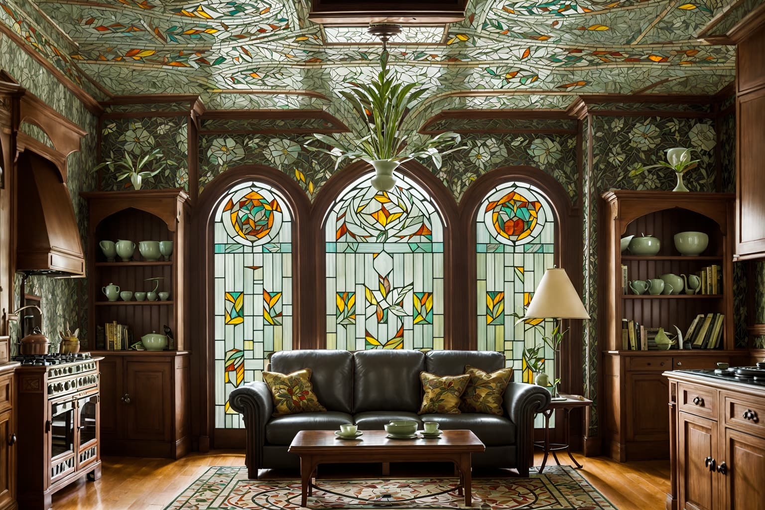 art nouveau-style (kitchen living combo interior) with stove and furniture and bookshelves and sofa and worktops and occasional tables and televisions and plant. . with asymmetrical shapes and mosaics and stained glass and ashy colors and stained glass and wallpaper patterns of feathers and curved glass and wallpaper patterns of stylized flowers. . cinematic photo, highly detailed, cinematic lighting, ultra-detailed, ultrarealistic, photorealism, 8k. art nouveau interior design style. masterpiece, cinematic light, ultrarealistic+, photorealistic+, 8k, raw photo, realistic, sharp focus on eyes, (symmetrical eyes), (intact eyes), hyperrealistic, highest quality, best quality, , highly detailed, masterpiece, best quality, extremely detailed 8k wallpaper, masterpiece, best quality, ultra-detailed, best shadow, detailed background, detailed face, detailed eyes, high contrast, best illumination, detailed face, dulux, caustic, dynamic angle, detailed glow. dramatic lighting. highly detailed, insanely detailed hair, symmetrical, intricate details, professionally retouched, 8k high definition. strong bokeh. award winning photo.