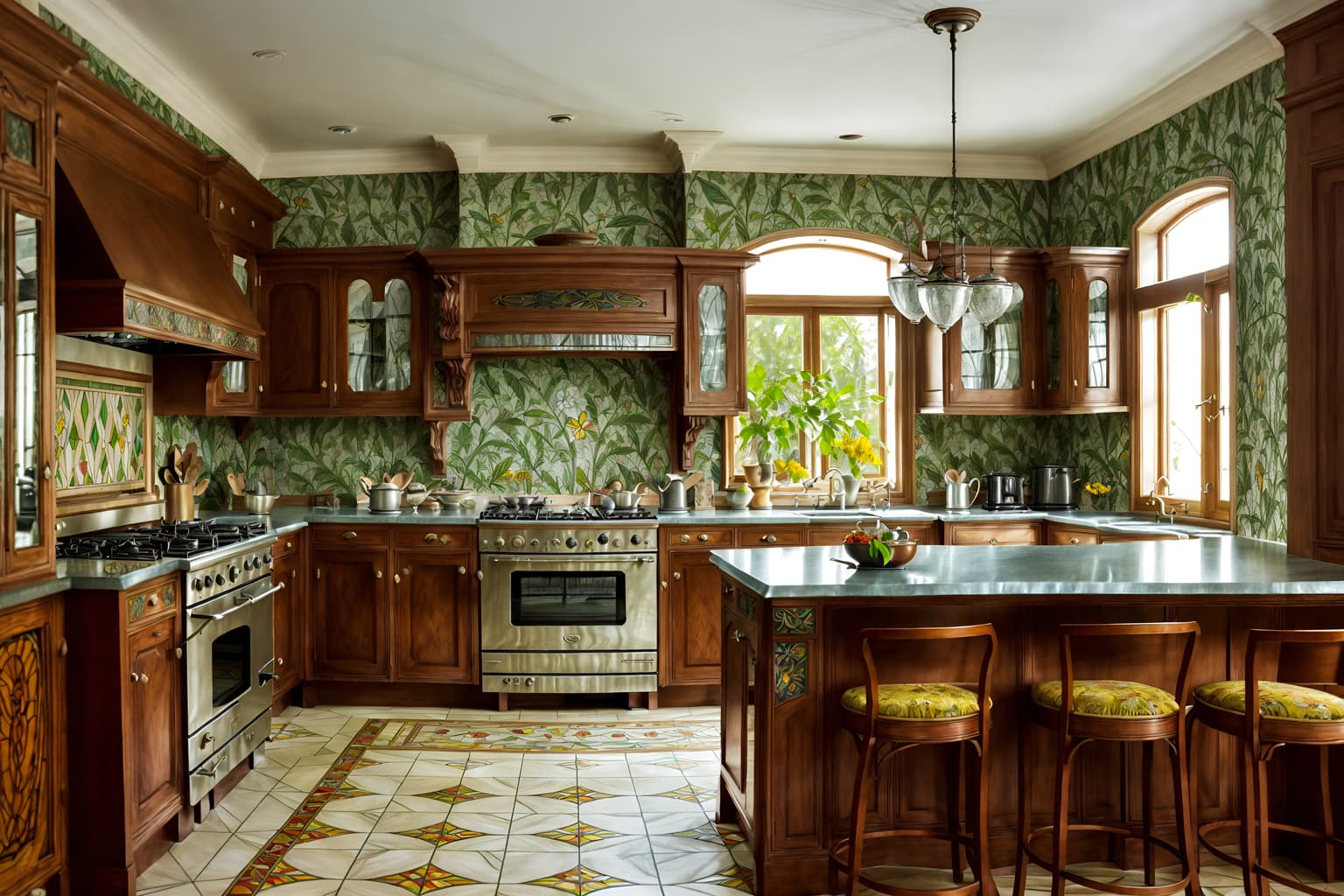 art nouveau-style (kitchen living combo interior) with stove and furniture and bookshelves and sofa and worktops and occasional tables and televisions and plant. . with asymmetrical shapes and mosaics and stained glass and ashy colors and stained glass and wallpaper patterns of feathers and curved glass and wallpaper patterns of stylized flowers. . cinematic photo, highly detailed, cinematic lighting, ultra-detailed, ultrarealistic, photorealism, 8k. art nouveau interior design style. masterpiece, cinematic light, ultrarealistic+, photorealistic+, 8k, raw photo, realistic, sharp focus on eyes, (symmetrical eyes), (intact eyes), hyperrealistic, highest quality, best quality, , highly detailed, masterpiece, best quality, extremely detailed 8k wallpaper, masterpiece, best quality, ultra-detailed, best shadow, detailed background, detailed face, detailed eyes, high contrast, best illumination, detailed face, dulux, caustic, dynamic angle, detailed glow. dramatic lighting. highly detailed, insanely detailed hair, symmetrical, intricate details, professionally retouched, 8k high definition. strong bokeh. award winning photo.