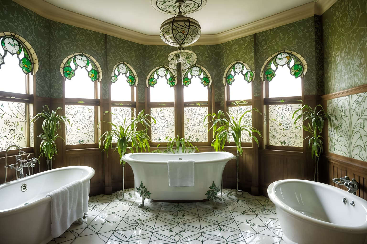 art nouveau-style (hotel bathroom interior) with shower and bath towel and plant and bathroom sink with faucet and bathtub and bath rail and toilet seat and waste basket. . with stained glass and curving, plant-like embellishments and arches and curved forms and wallpaper pattners of spider webs and natural materials and curved glass and stained glass and japanese motifs. . cinematic photo, highly detailed, cinematic lighting, ultra-detailed, ultrarealistic, photorealism, 8k. art nouveau interior design style. masterpiece, cinematic light, ultrarealistic+, photorealistic+, 8k, raw photo, realistic, sharp focus on eyes, (symmetrical eyes), (intact eyes), hyperrealistic, highest quality, best quality, , highly detailed, masterpiece, best quality, extremely detailed 8k wallpaper, masterpiece, best quality, ultra-detailed, best shadow, detailed background, detailed face, detailed eyes, high contrast, best illumination, detailed face, dulux, caustic, dynamic angle, detailed glow. dramatic lighting. highly detailed, insanely detailed hair, symmetrical, intricate details, professionally retouched, 8k high definition. strong bokeh. award winning photo.